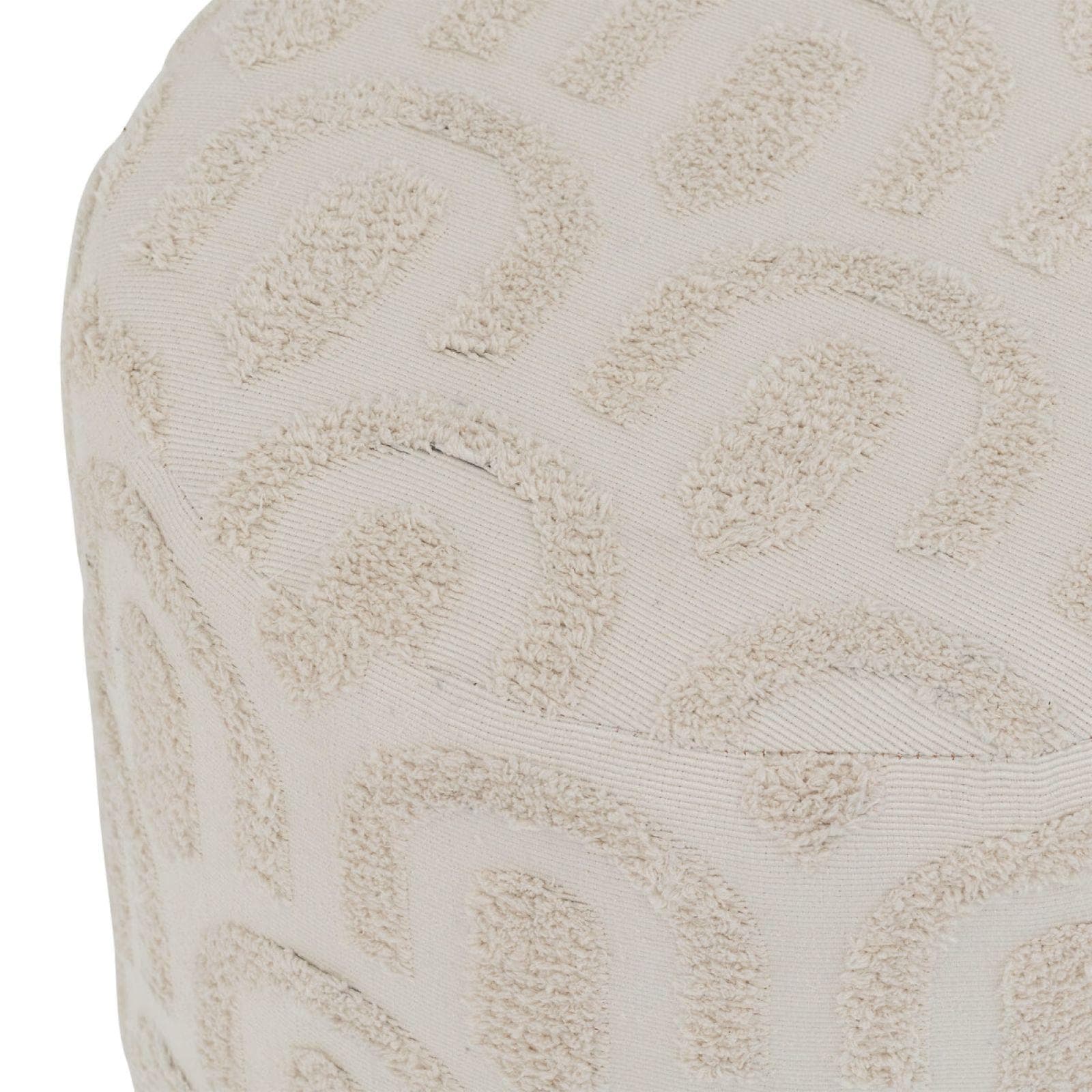 Pouf rotondo 38 cm in tessuto bianco con base in legno di pino e motivo in bouclé
