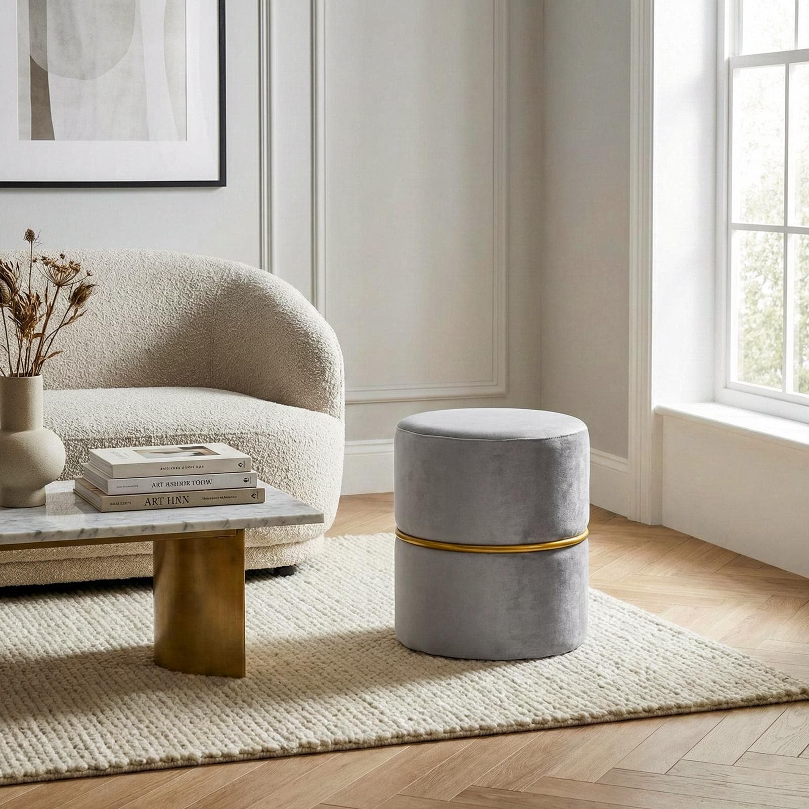 Pouf 36 cm effetto velluto grigio scuro con dettaglio anello colore oro - Elenor
