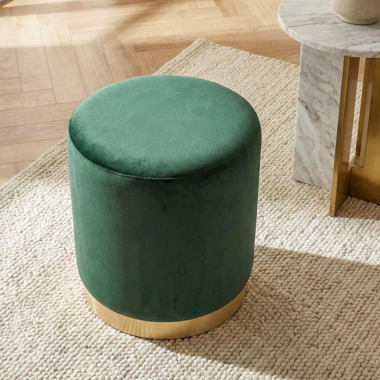 Pouf 35 cm velluto verde con base oro - Elenor