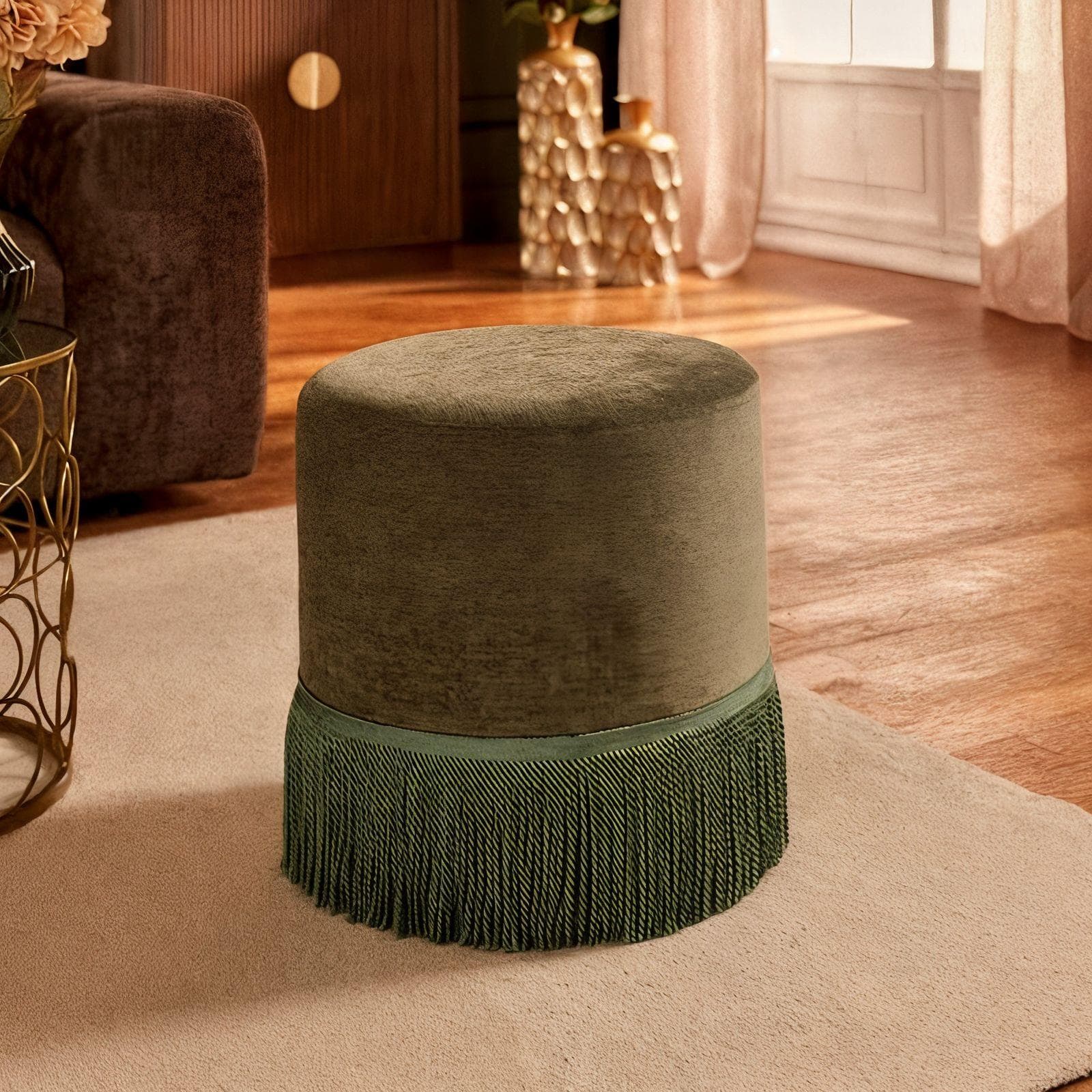 Pouf rotondo 38 cm in ciniglia verde con frange - Duchessa