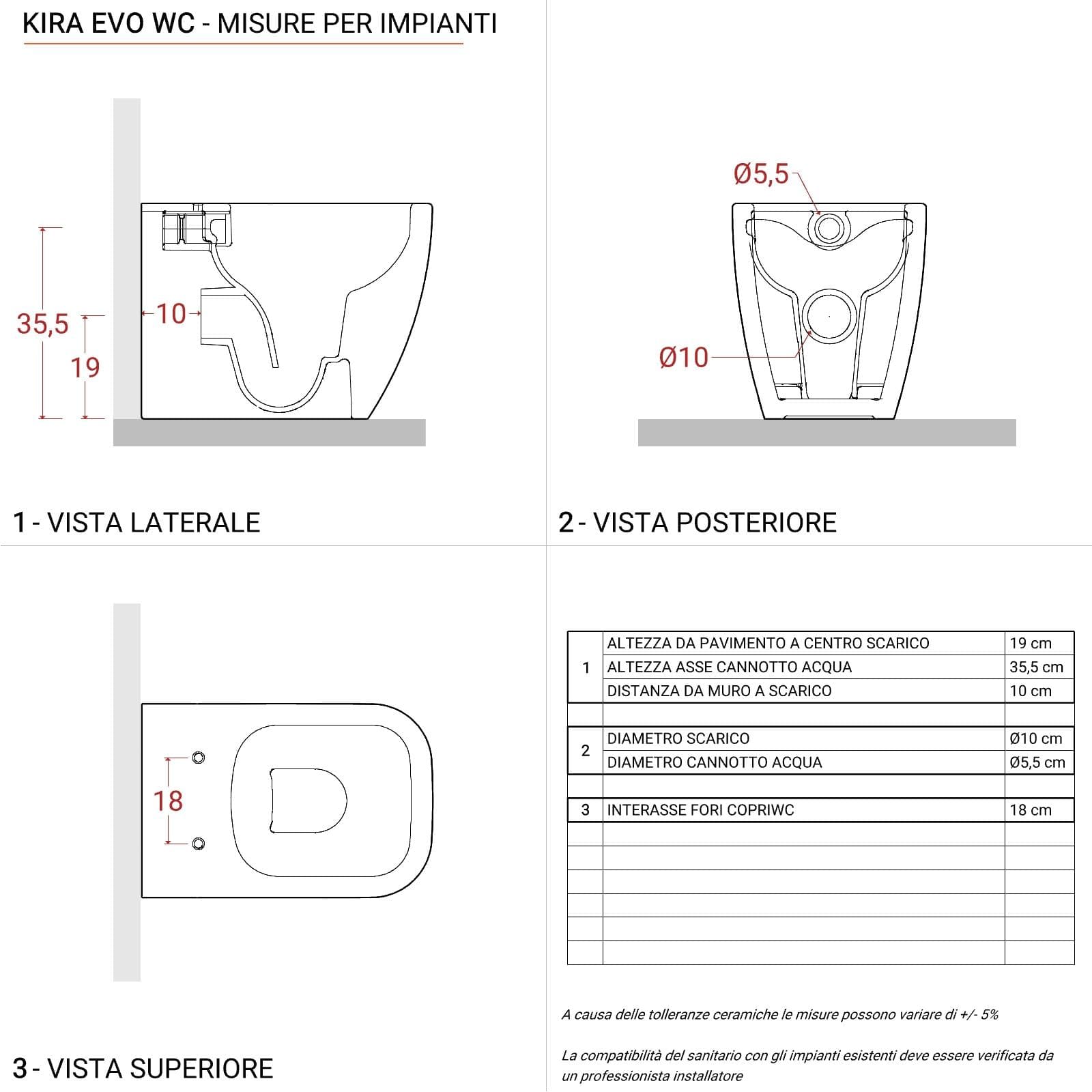 Sanitari filomuro in ceramica con sedile avvolgente soft-close bianco - Kira Evo