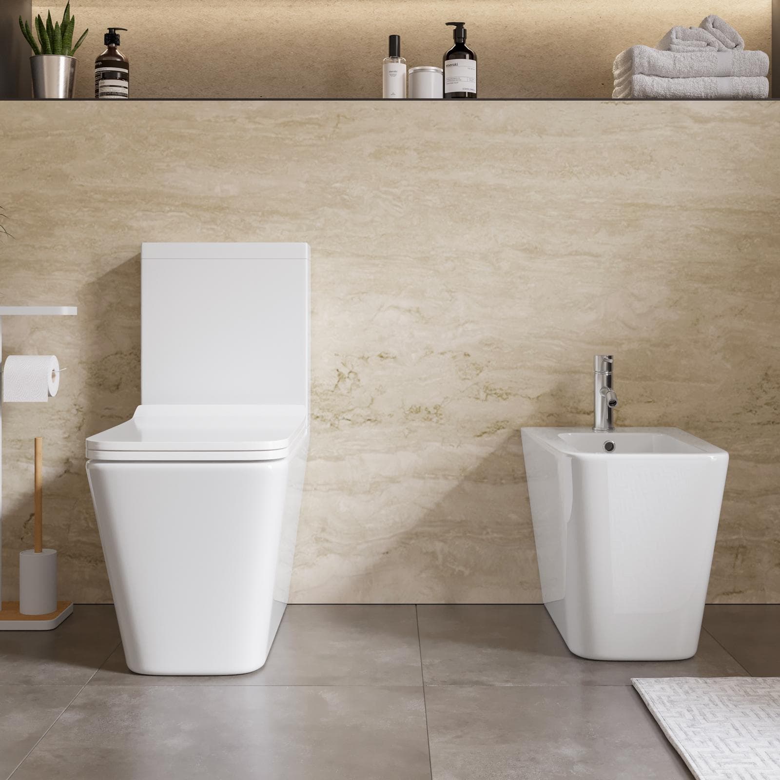 Sanitari filomuro in ceramica con wc monoblocco rimless e copriwc softclose - Lena