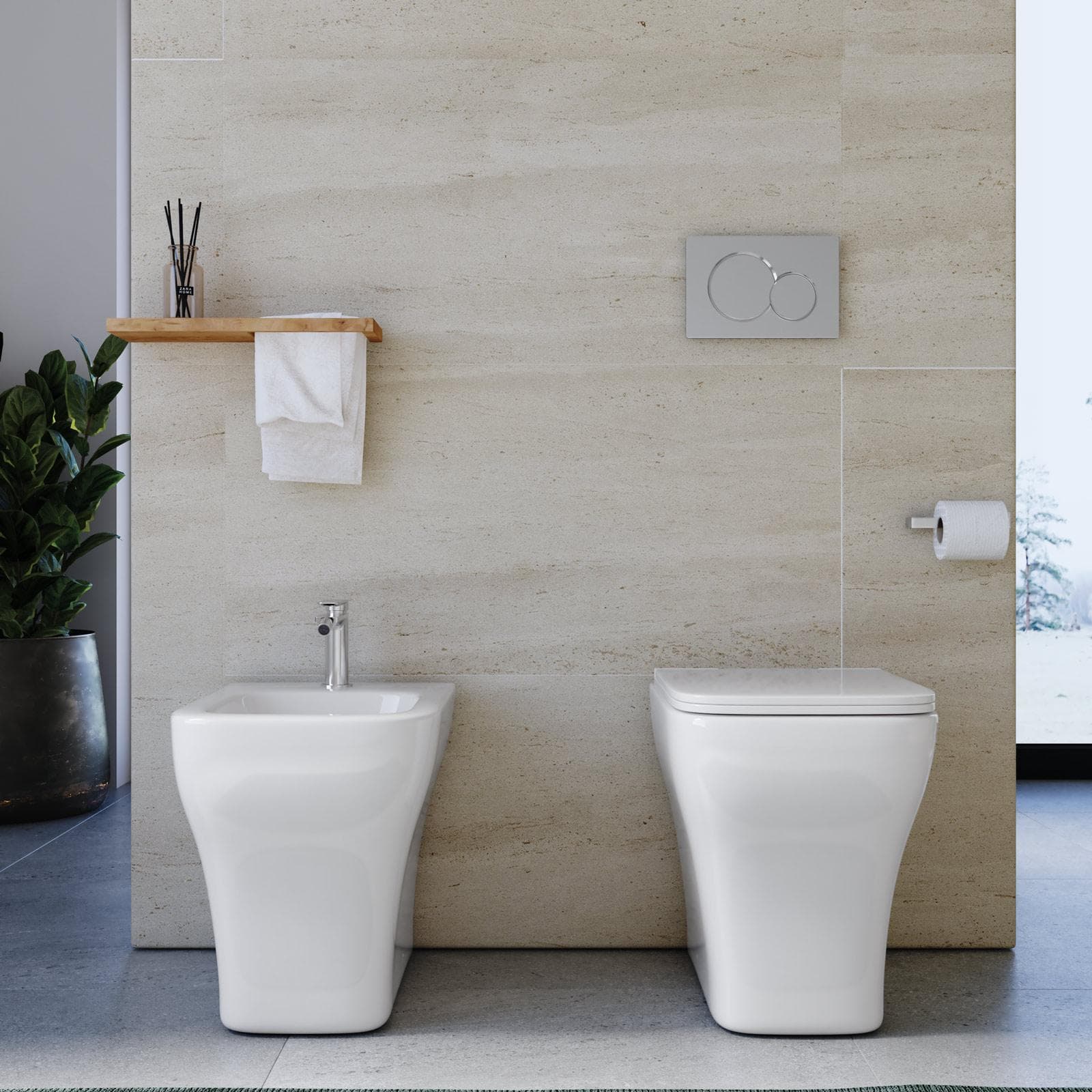 Sanitari filomuro in ceramica rimless con sedile softclose - Selbi