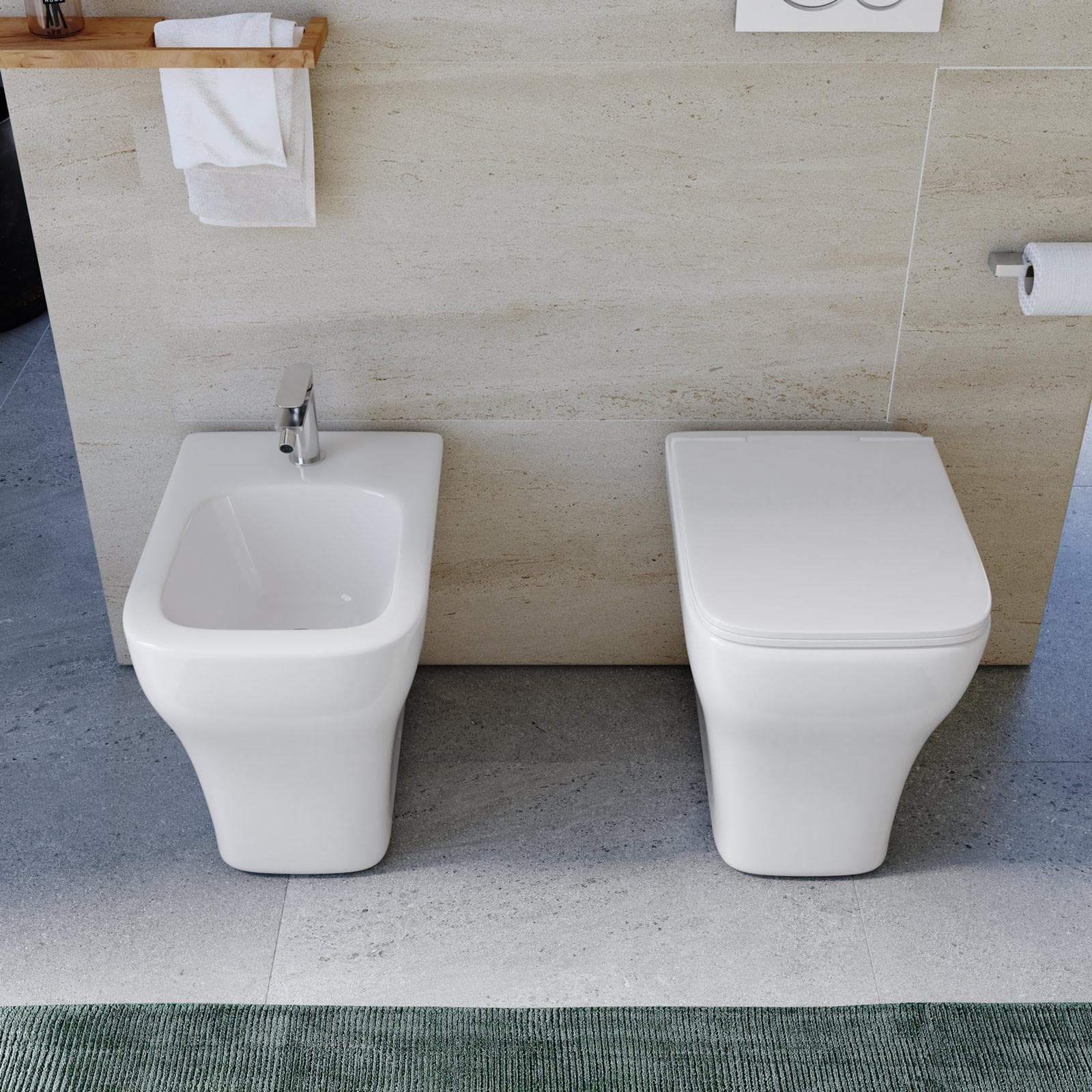 Sanitari filomuro in ceramica rimless con sedile softclose - Selbi