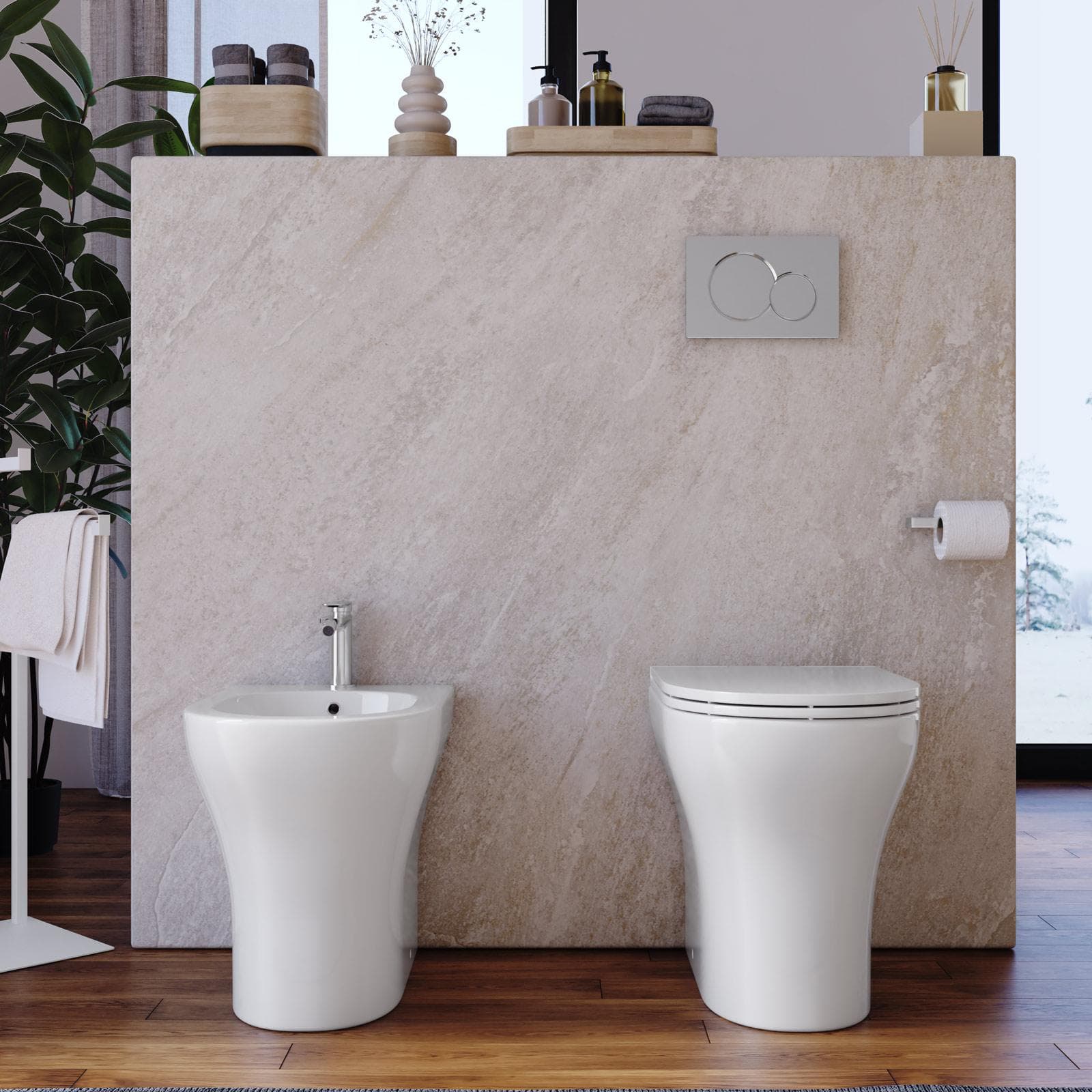 Sanitari filomuro in ceramica senza brida con sedile softclose - Zela