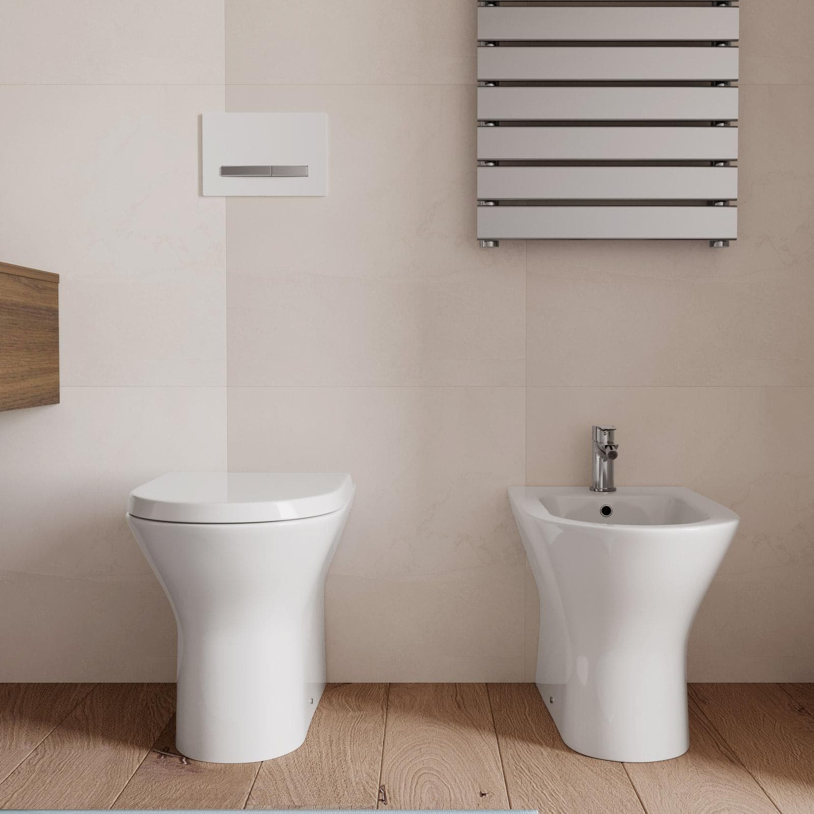 Sanitari filomuro in ceramica vaso rimless con bidet e copri wc - Hottis
