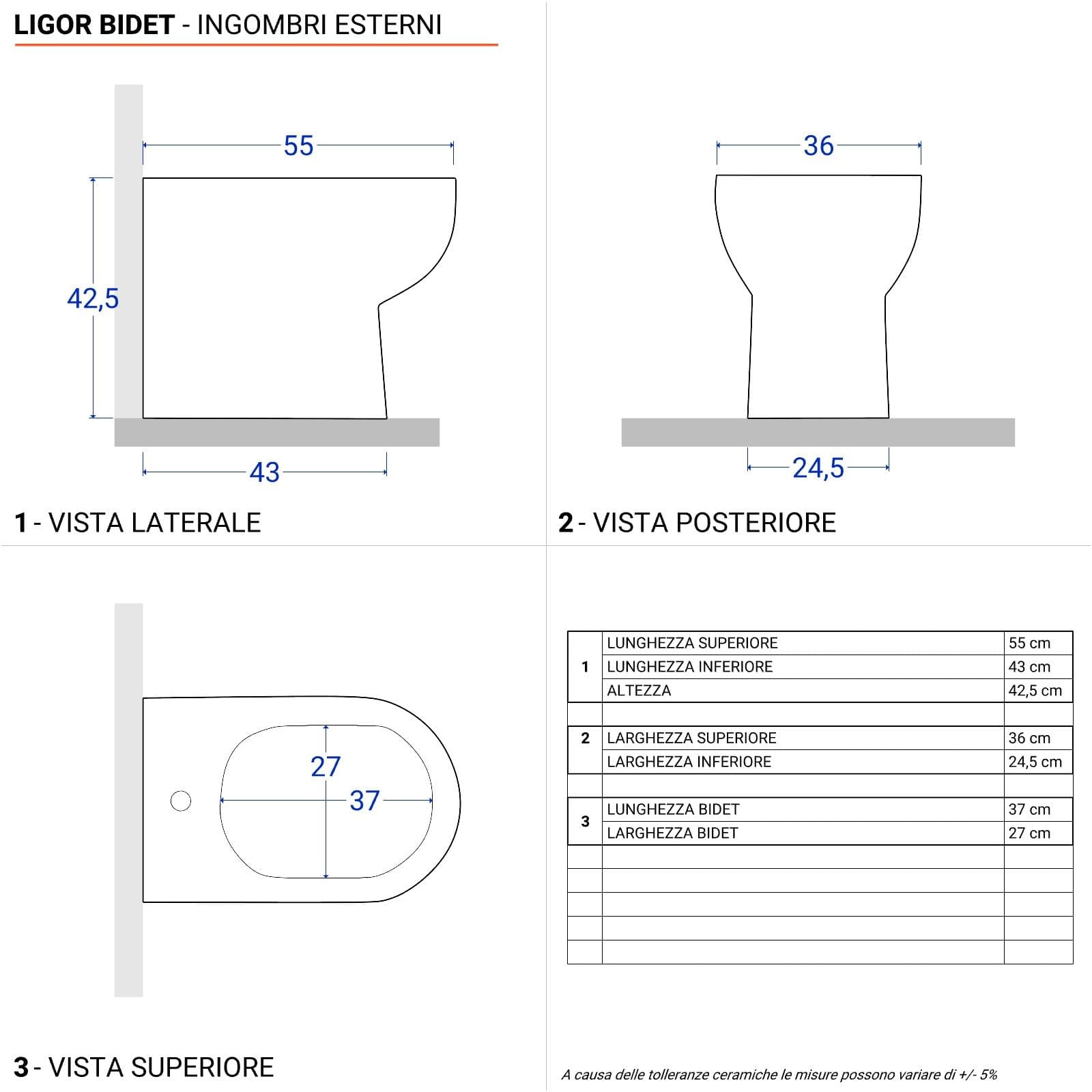 Sanitari filomuro vaso e bidet in ceramica 36x55x42,5h soft close - Ligor