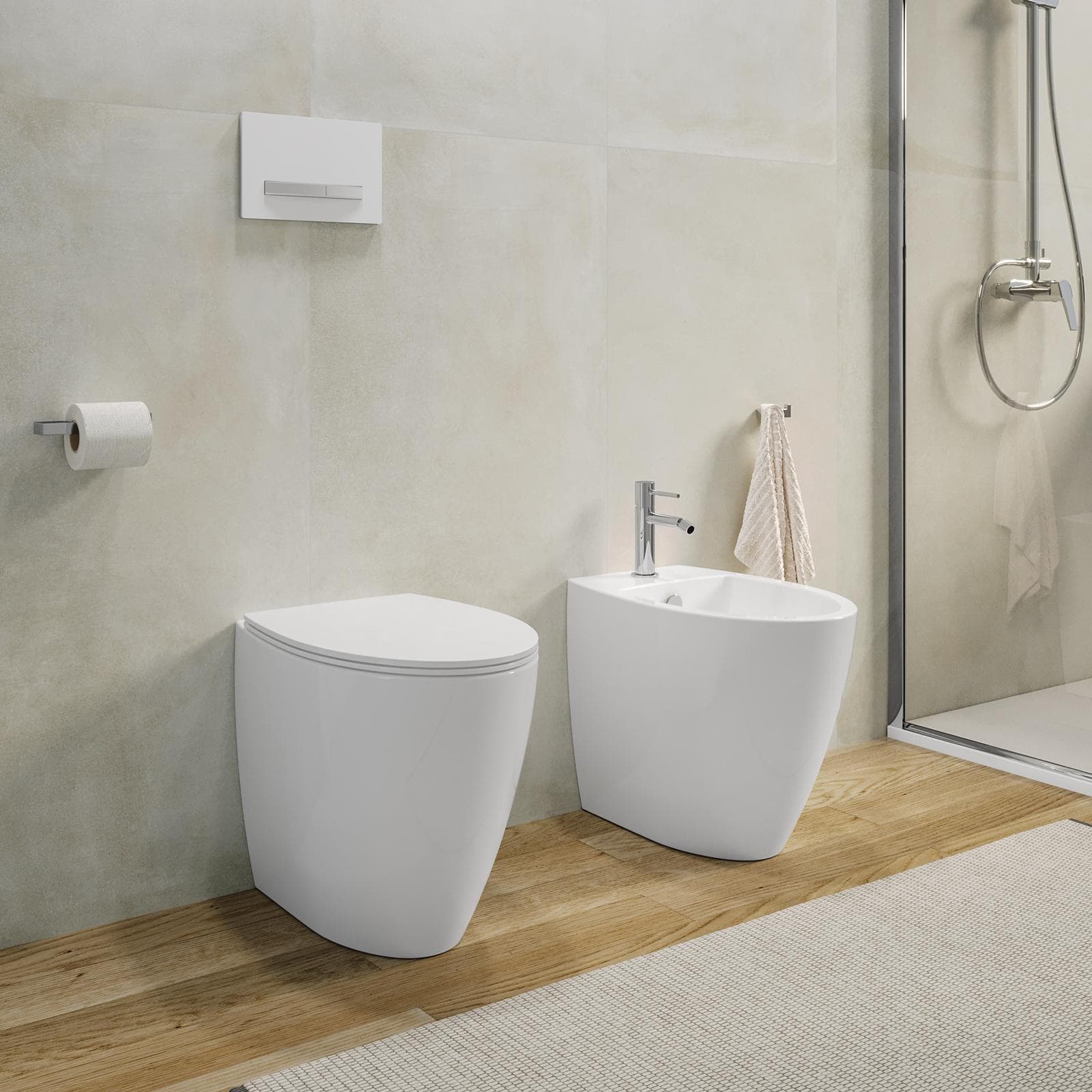 Sanitari filoparete con vaso rimless in ceramica con sedile rallentato - LFT Spazio di Simas