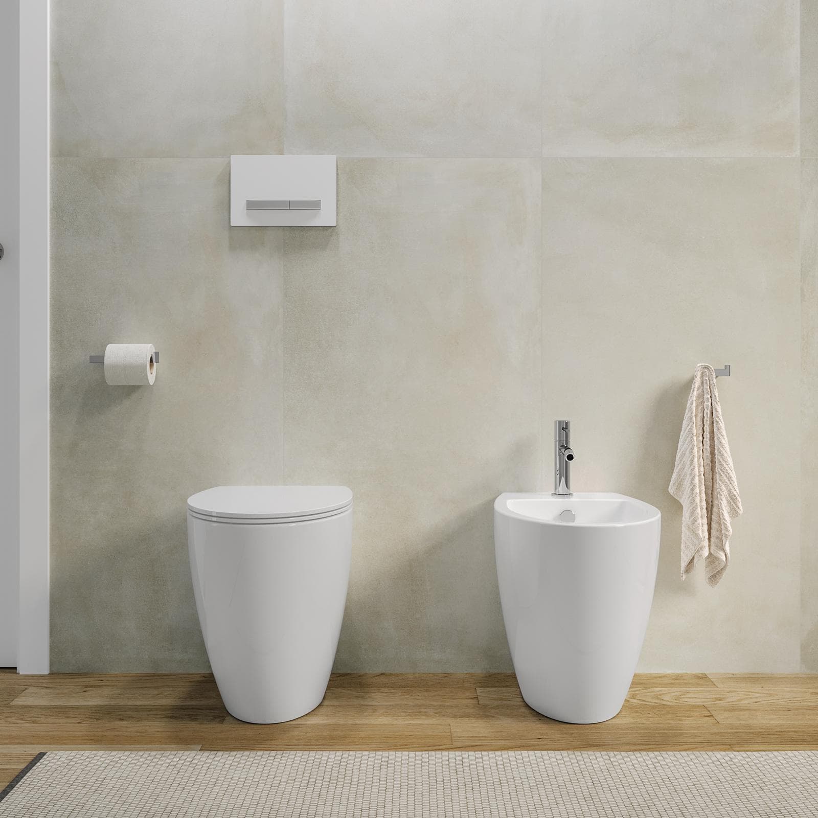 Sanitari filoparete con vaso rimless in ceramica con sedile rallentato - LFT Spazio di Simas