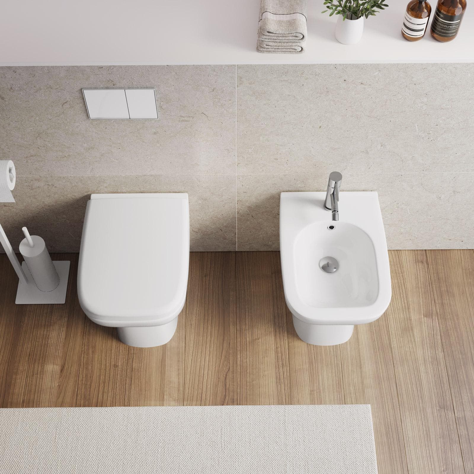 Sanitari in ceramica filomuro wc e bidet con copriwc - Proven