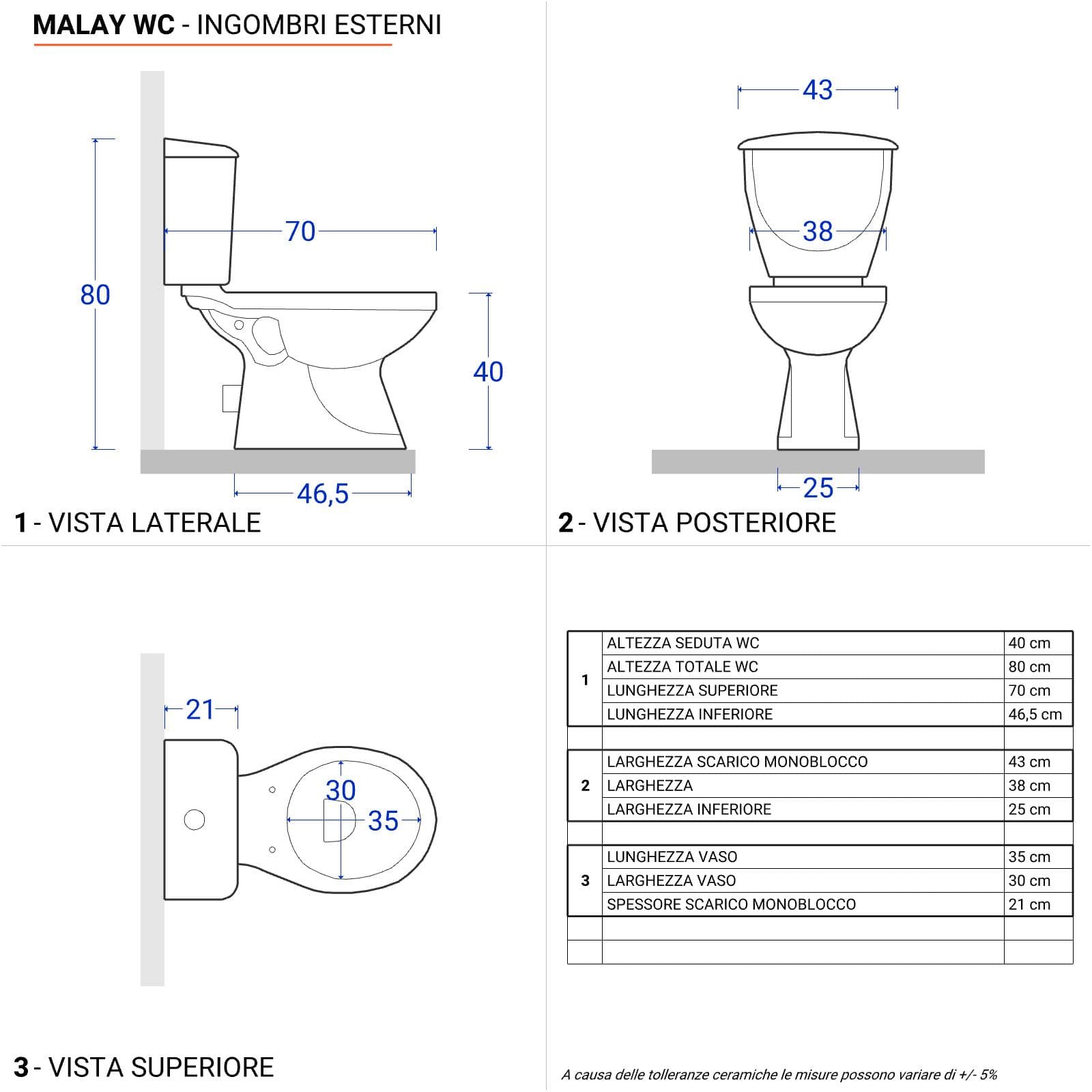 Sanitari monoblocco con scarico a parete e sedile bianco - Malay