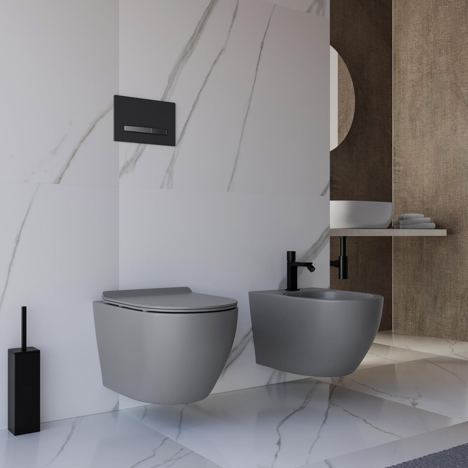 Sanitari sospesi grigio opaco a risparmio idrico con sedile SoftClose - Nadir