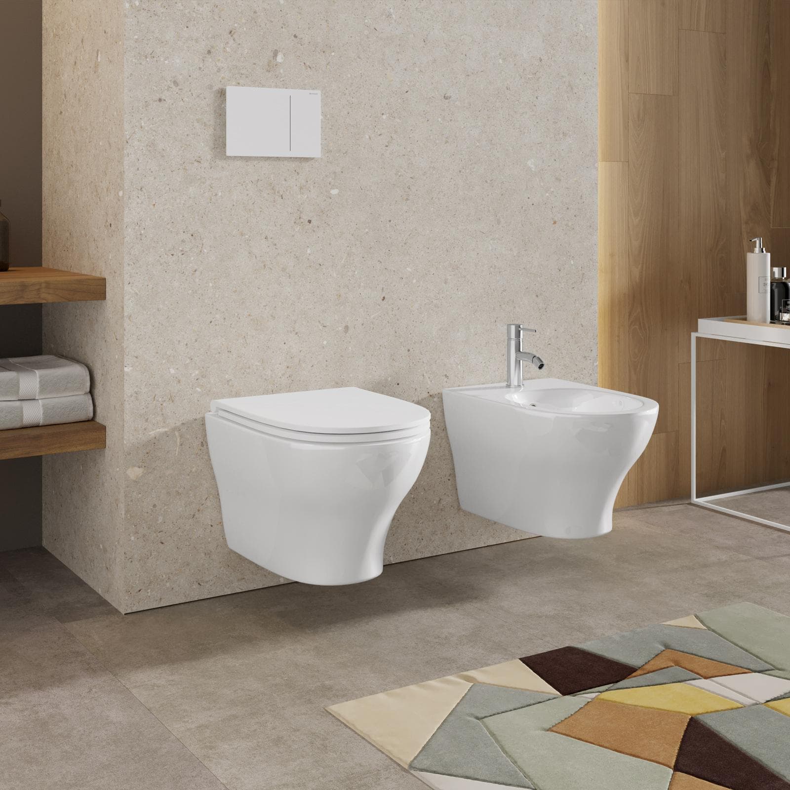 Sanitari sospesi in ceramica bianca con sedile copriwc slim
