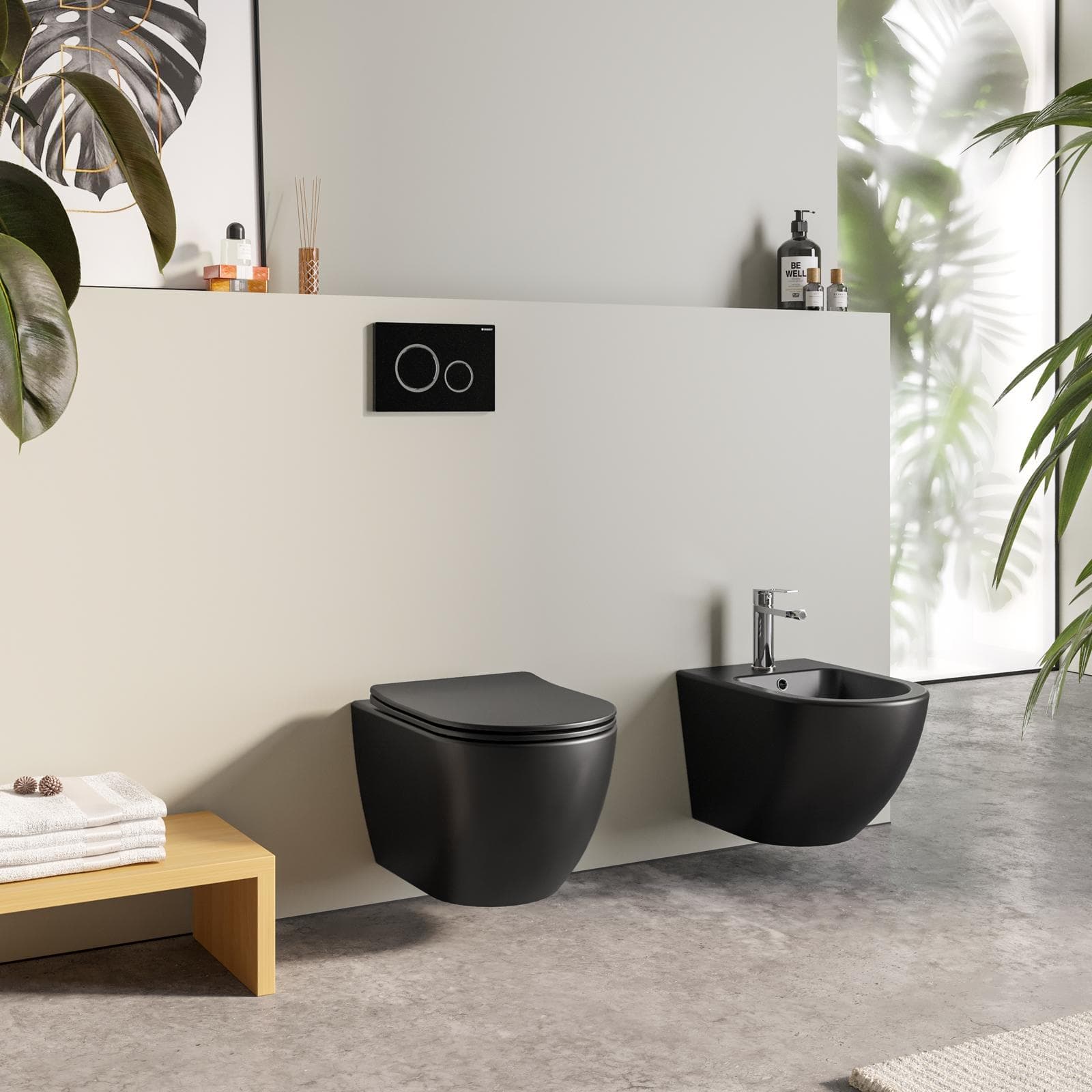 Sanitari sospesi con scarico a vortice in ceramica con copriwc e bidet nero opaco - Flitch