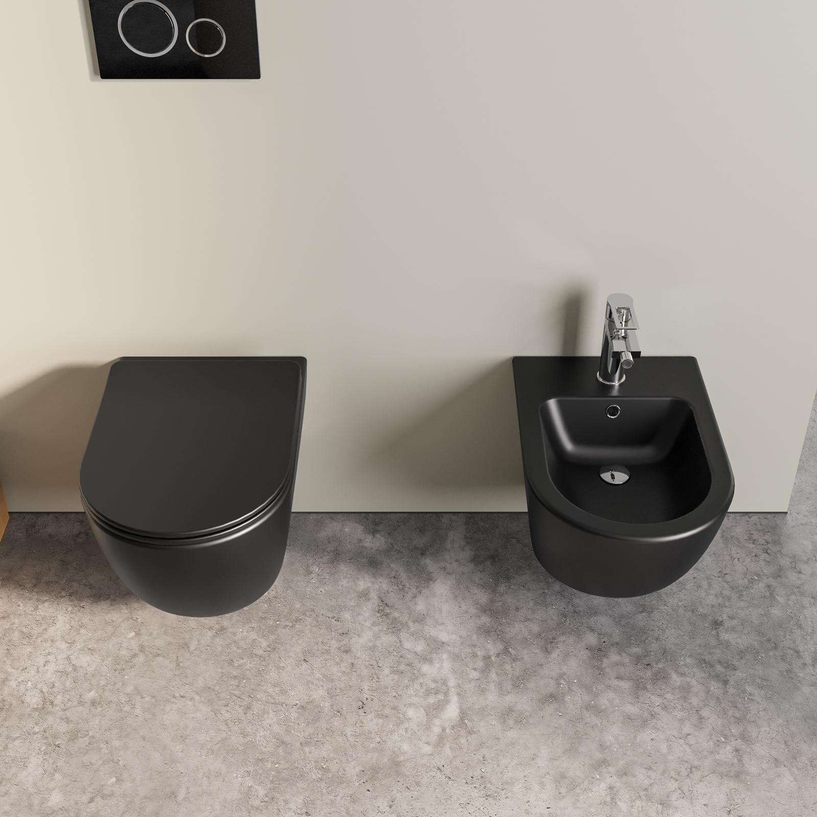 Sanitari sospesi con scarico a vortice in ceramica con copriwc e bidet nero opaco - Flitch