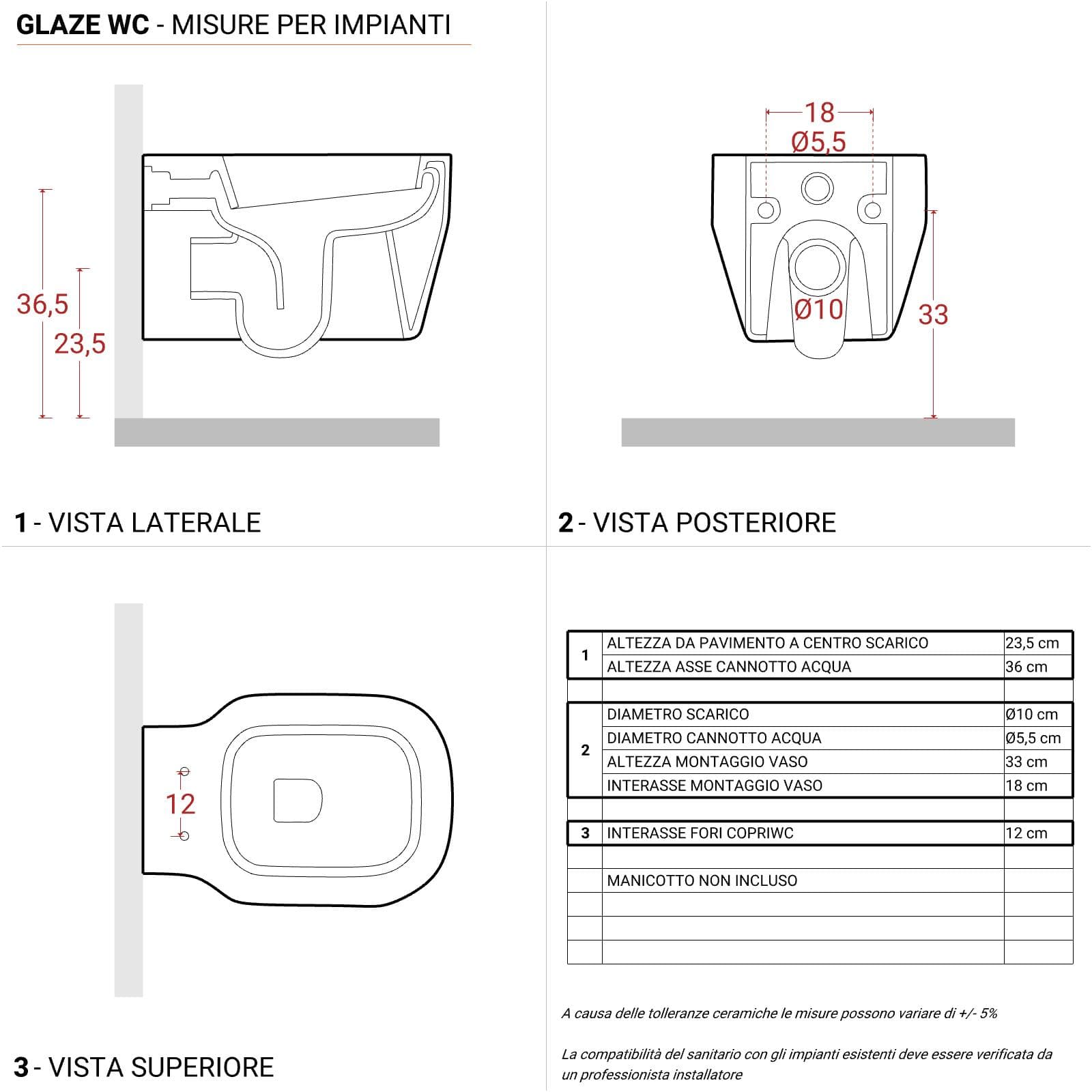 Sanitari sospesi in ceramica serie GLAZE di Azzurra con sedile copri wc chiusura rallentata softclose