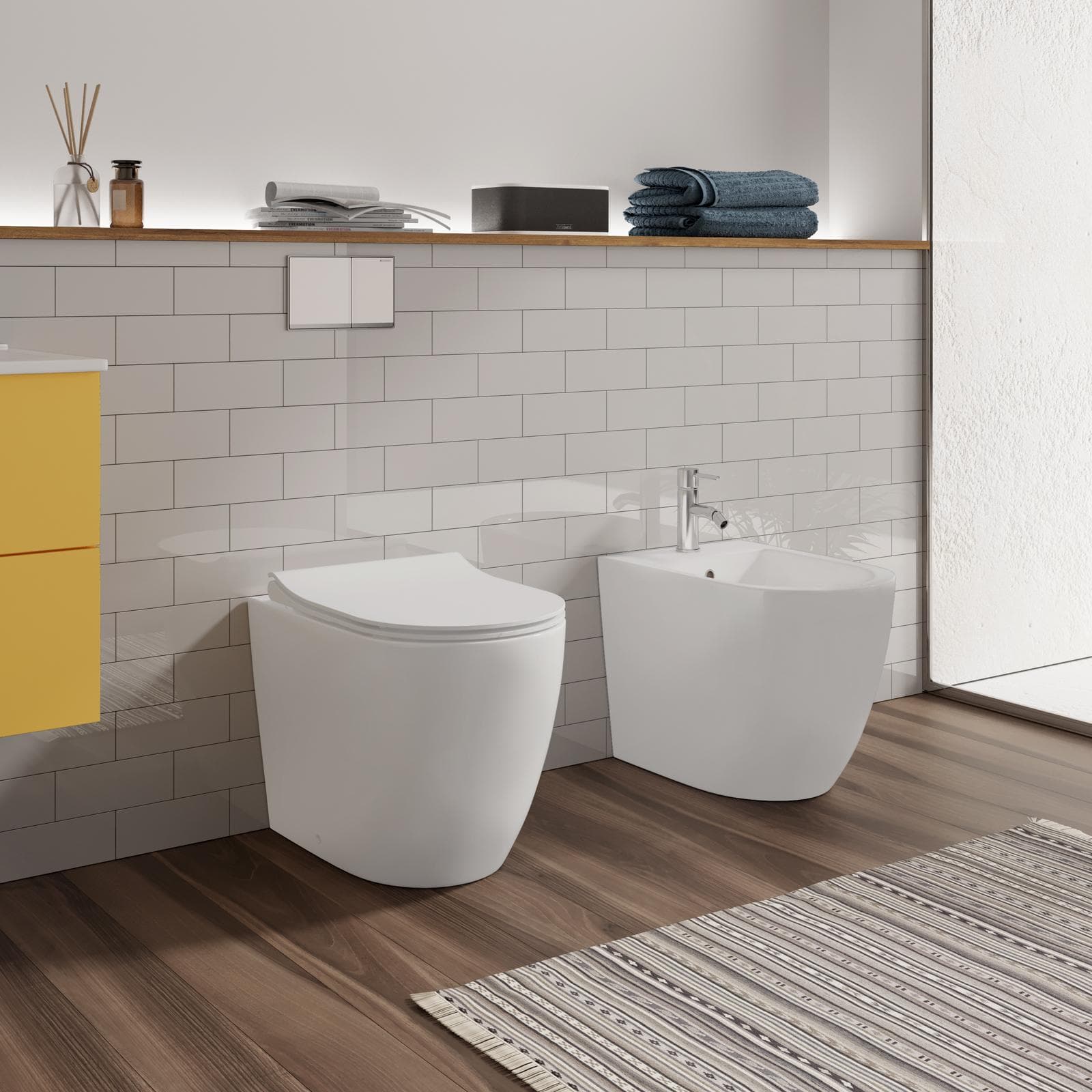 Sanitari traslati filomuro ceramica vaso con bidet e sedile SoftClose bianco opaco - Volga Plus