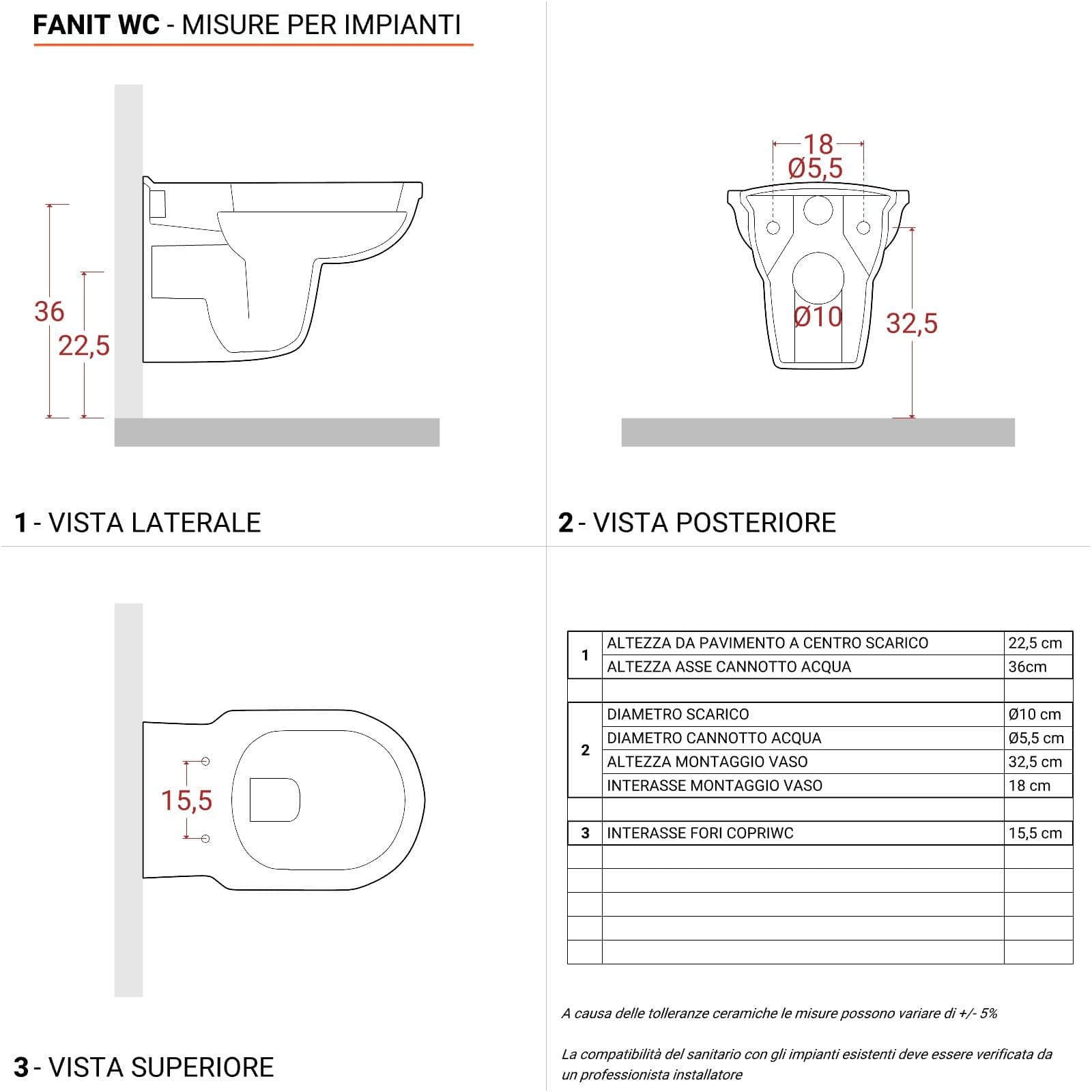 Sanitari sospesi con bidet monoforo e sedile in ceramica bianca - Fanit