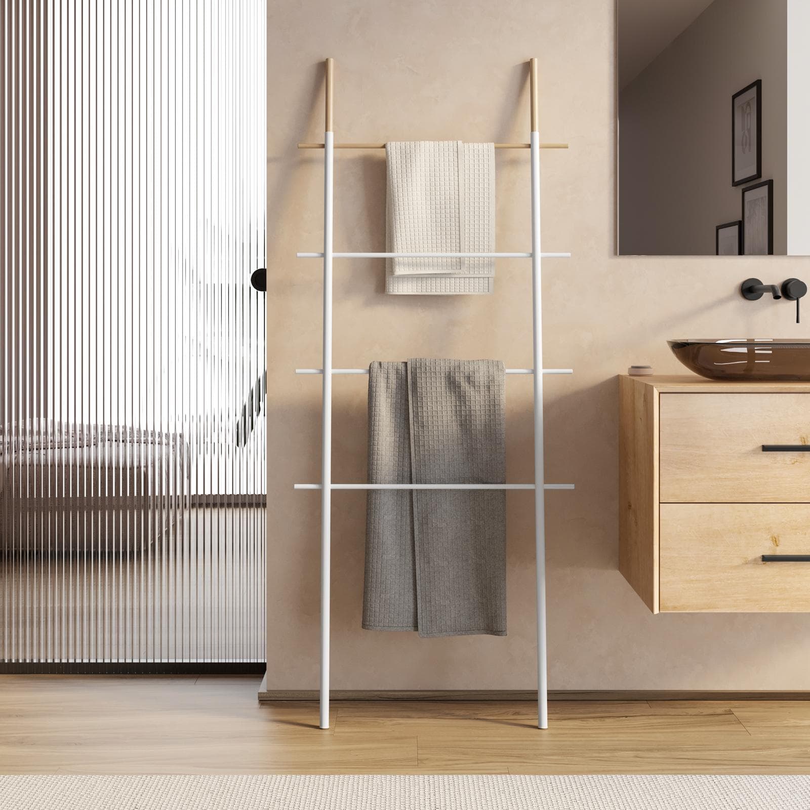 Scala porta salviette da parete 170 h cm in metallo bianco e legno di pino - Pluma