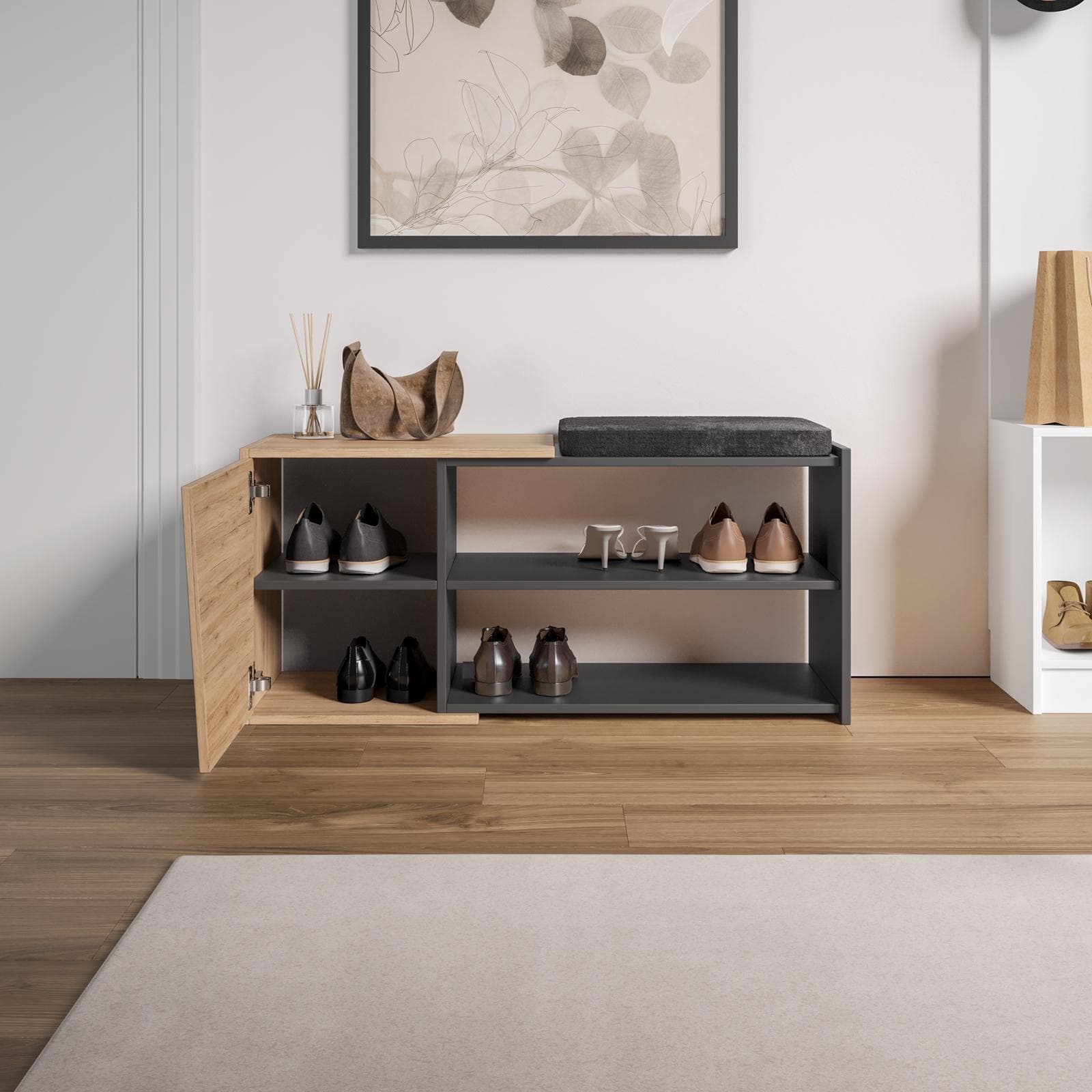 Scarpiera 104x47h cm in legno antracite e rovere con anta e ripiano - Kantiko