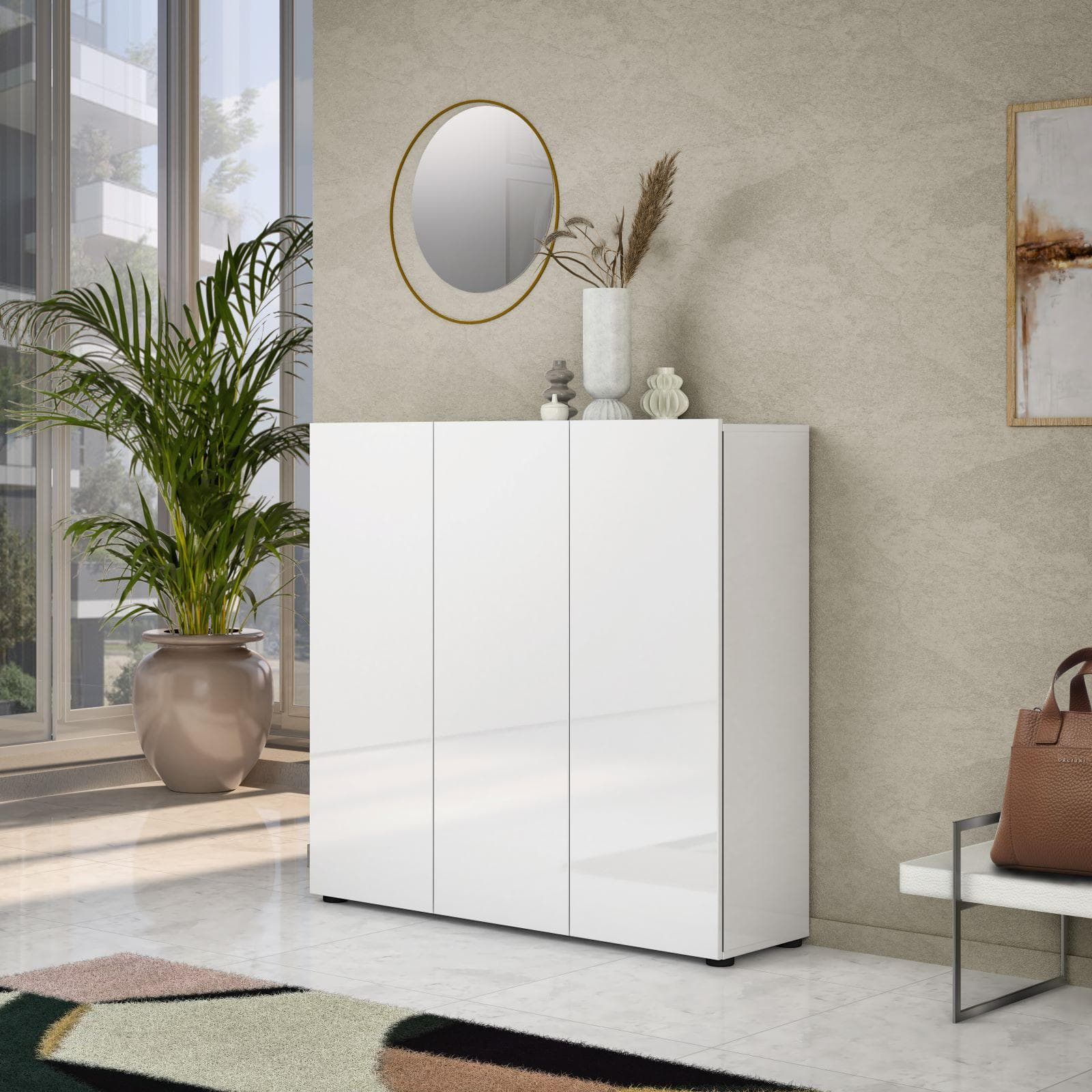 Scarpiera 120x114h cm bianco lucido con 3 ante - Macie