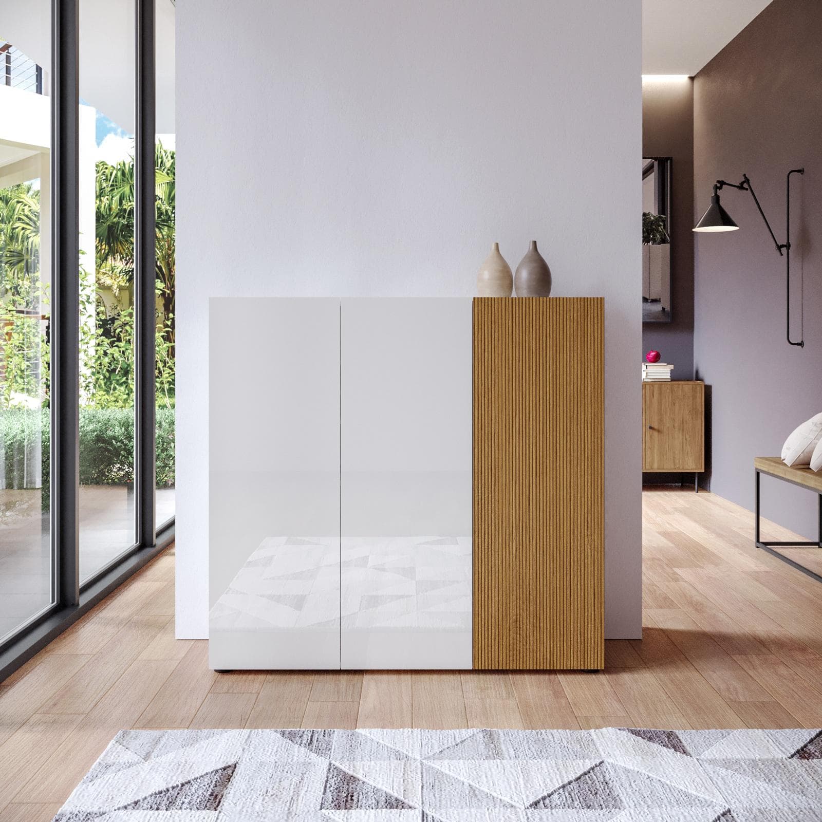 Scarpiera 120x115h cm rovere cannettato e bianco lucido con 3 ante soft close - Lindy