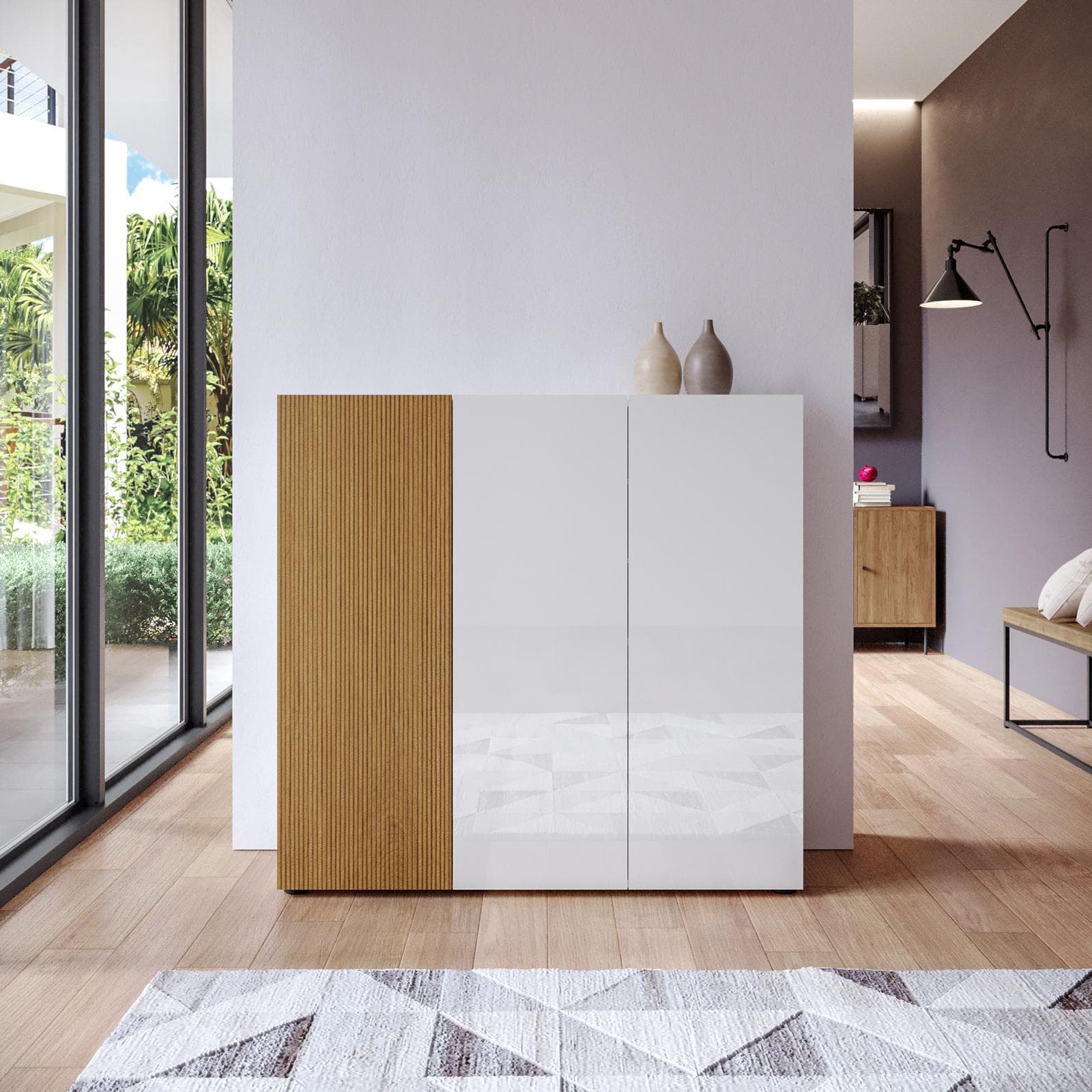 Scarpiera 120x115h cm rovere cannettato e bianco lucido con 3 ante soft close - Lindy