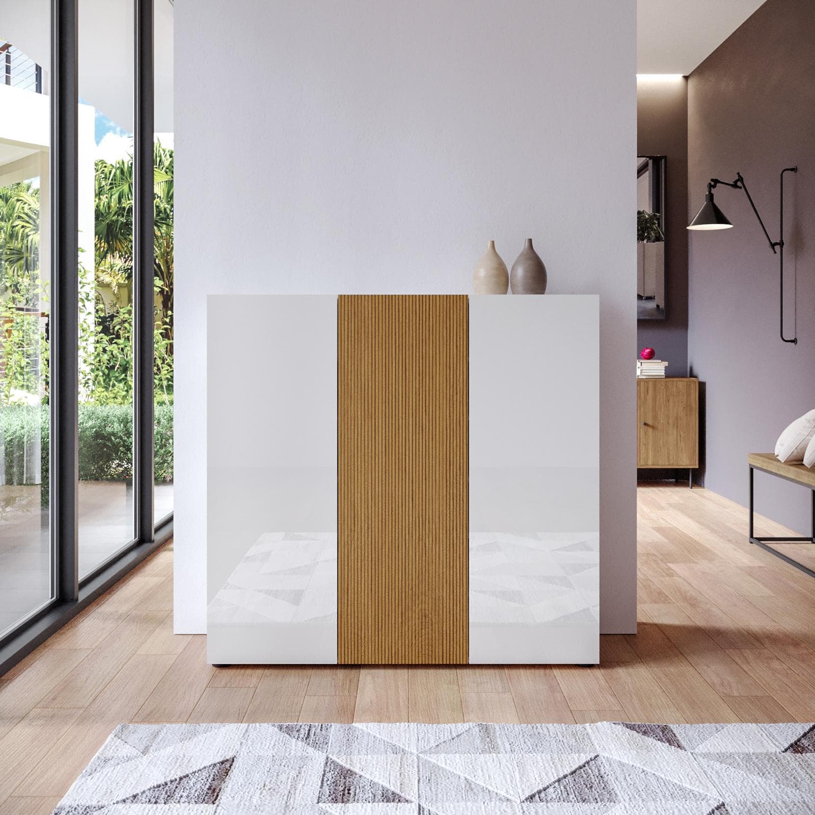 Scarpiera 120x115h cm rovere cannettato e bianco lucido con 3 ante soft close - Lindy