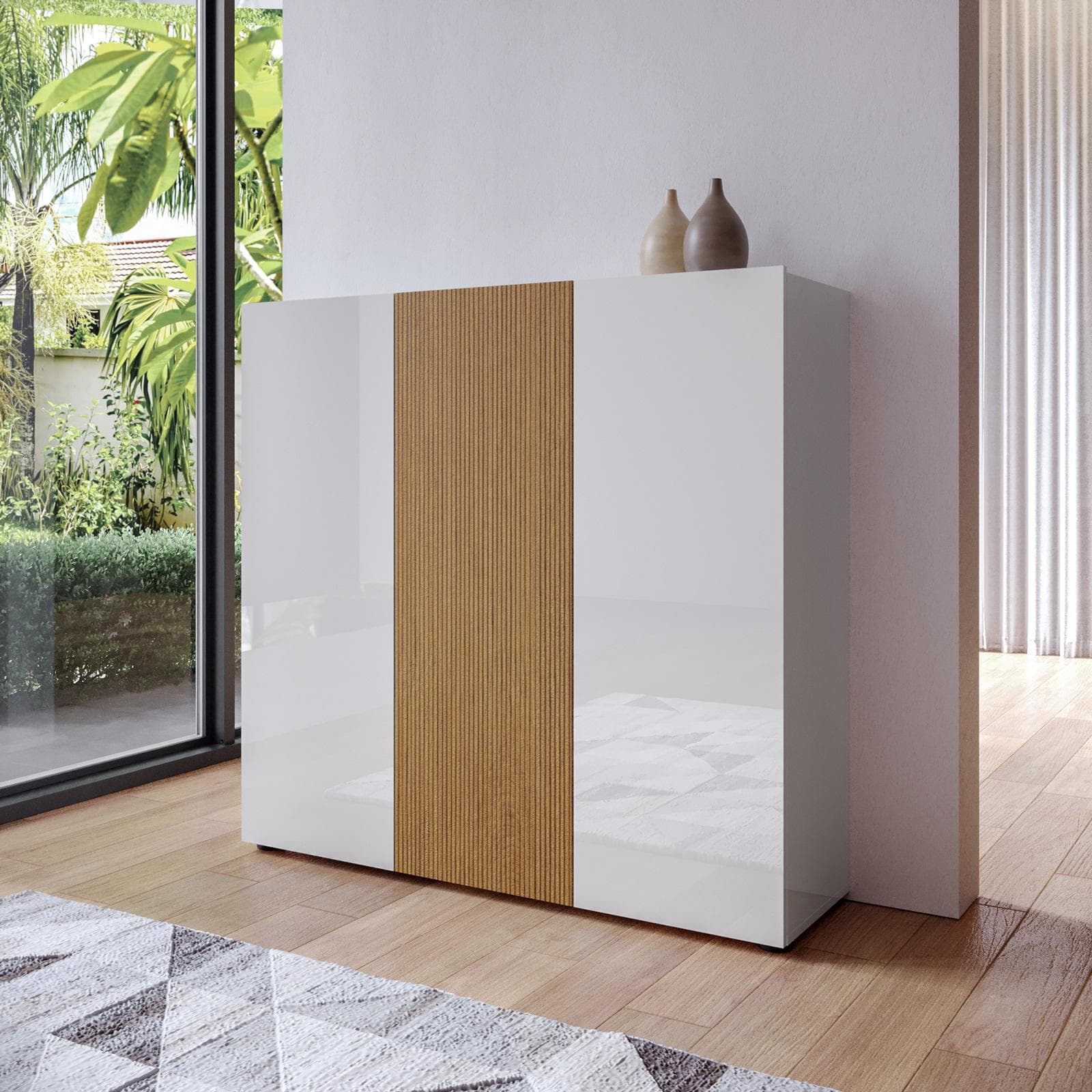 Scarpiera 120x115h cm rovere cannettato e bianco lucido con 3 ante soft close - Lindy
