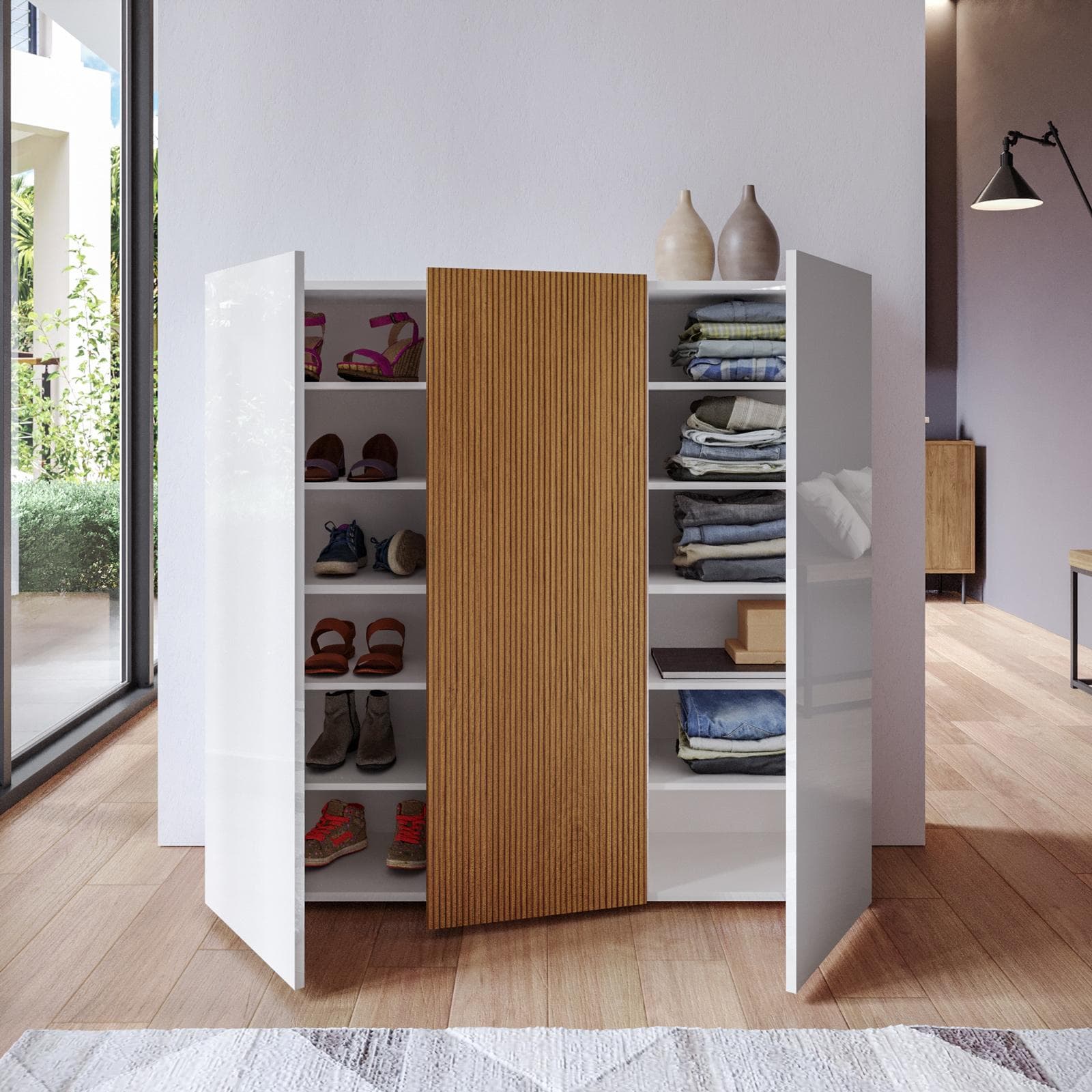 Scarpiera 120x115h cm rovere cannettato e bianco lucido con 3 ante soft close - Lindy