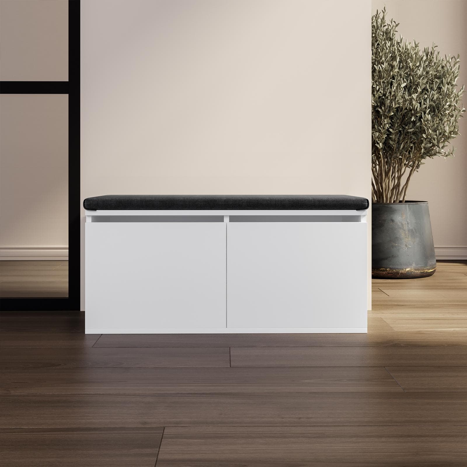 Scarpiera 35x80 cm in legno bianco con cuscino in tessuto removibile - Tokis