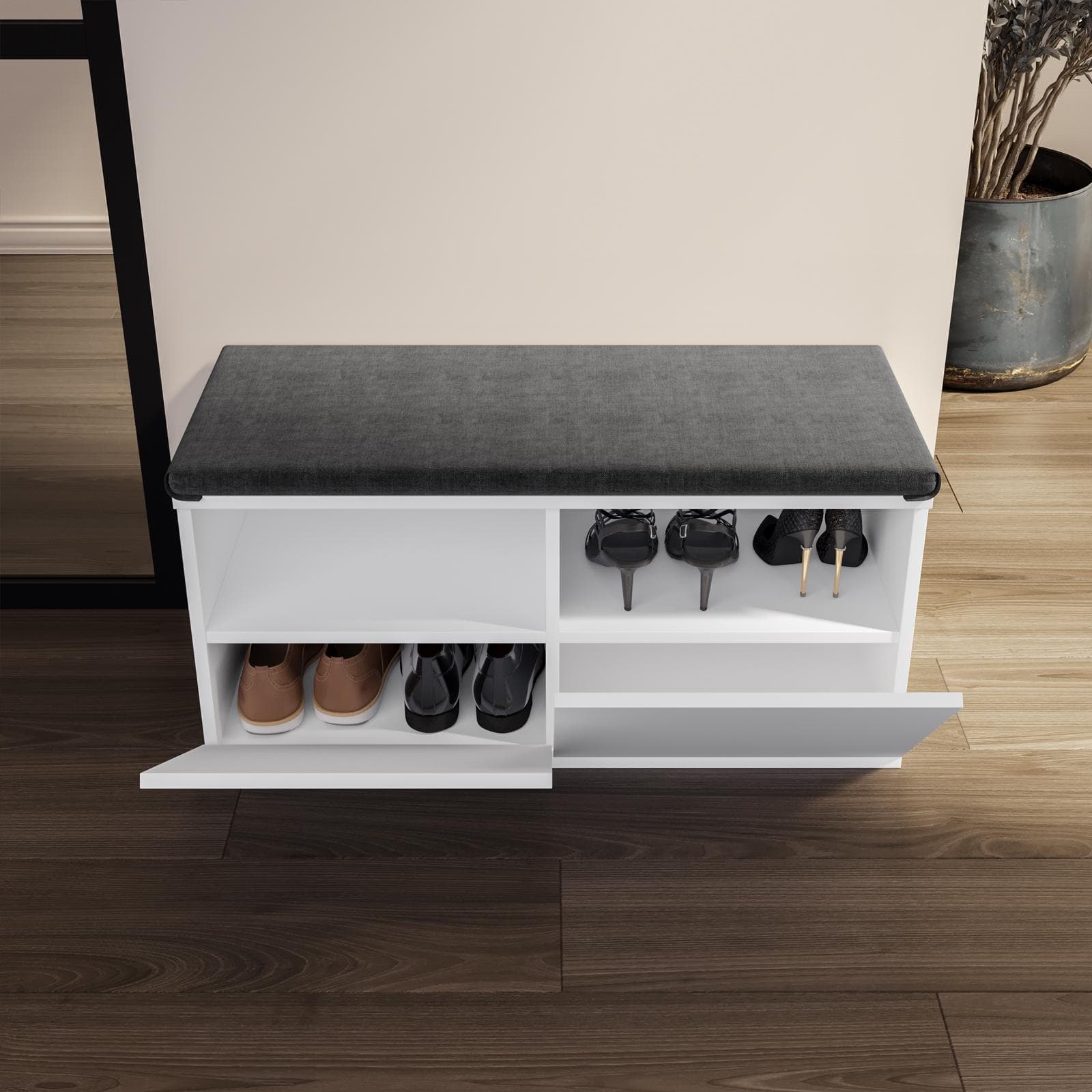 Scarpiera 35x80 cm in legno bianco con cuscino in tessuto removibile - Tokis