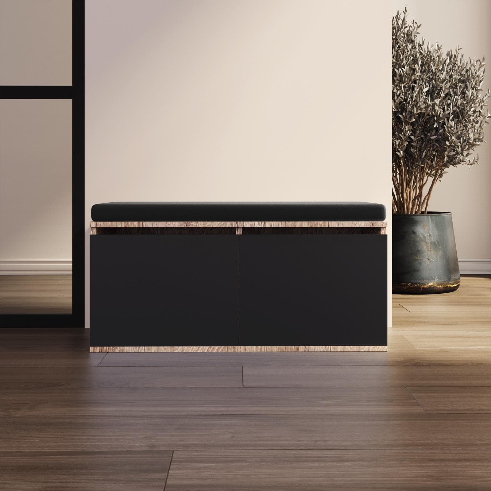 Scarpiera 35x80 cm in legno rovere e nero con cuscino removibile - Tokis