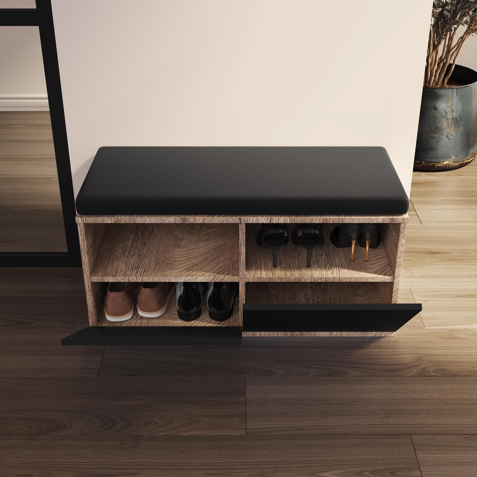 Scarpiera 35x80 cm in legno rovere e nero con cuscino removibile - Tokis