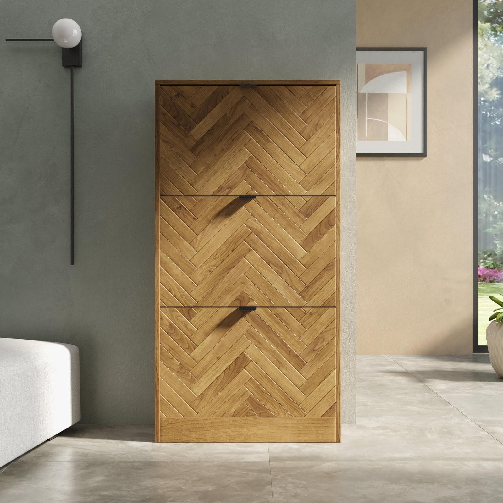 Scarpiera 60x117h cm in legno rovere chiaro effetto parquet con 3 ante a ribalta - Mufasa