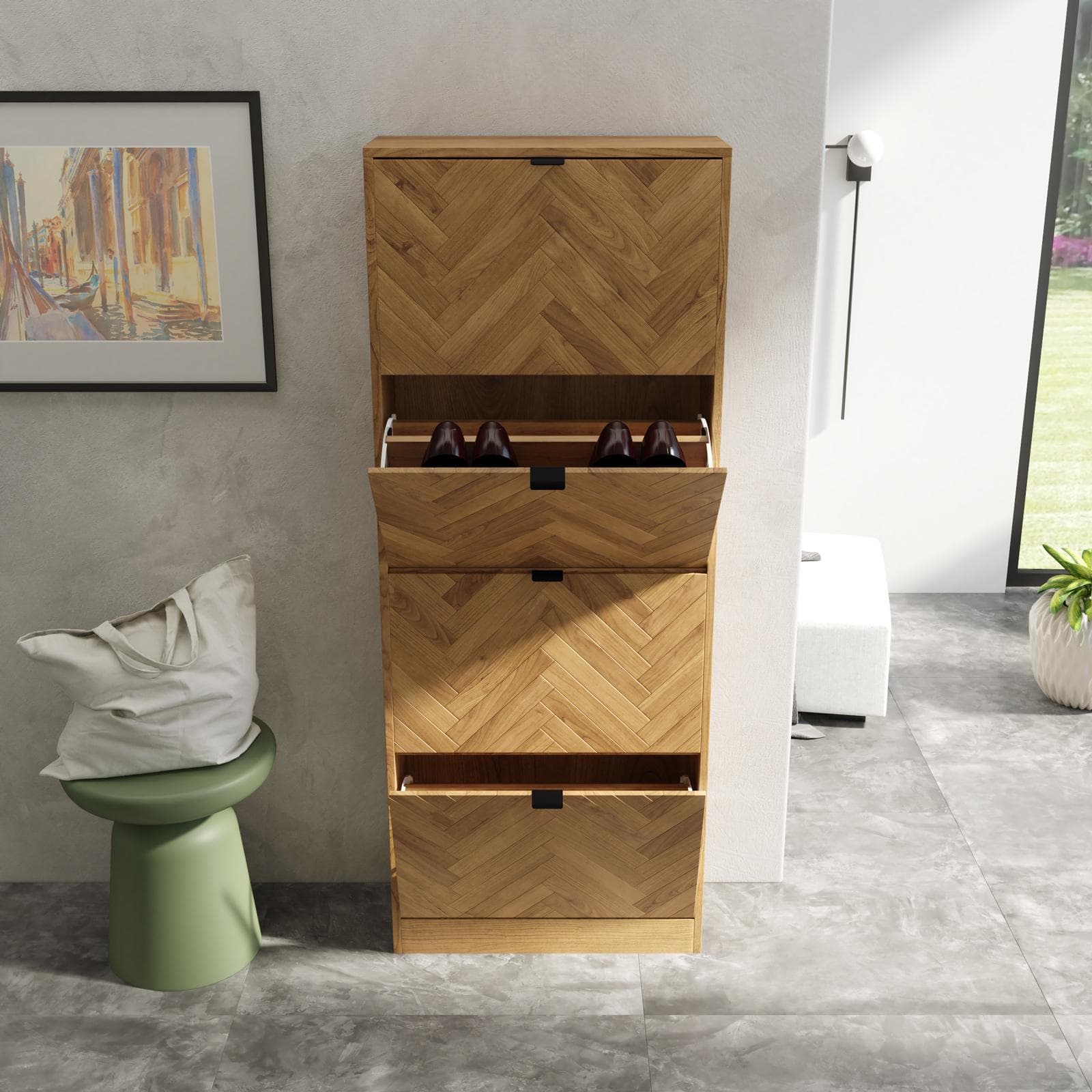 Scarpiera 60x153h cm in legno rovere chiaro effetto parquet con 4 ante a ribalta - Mufasa