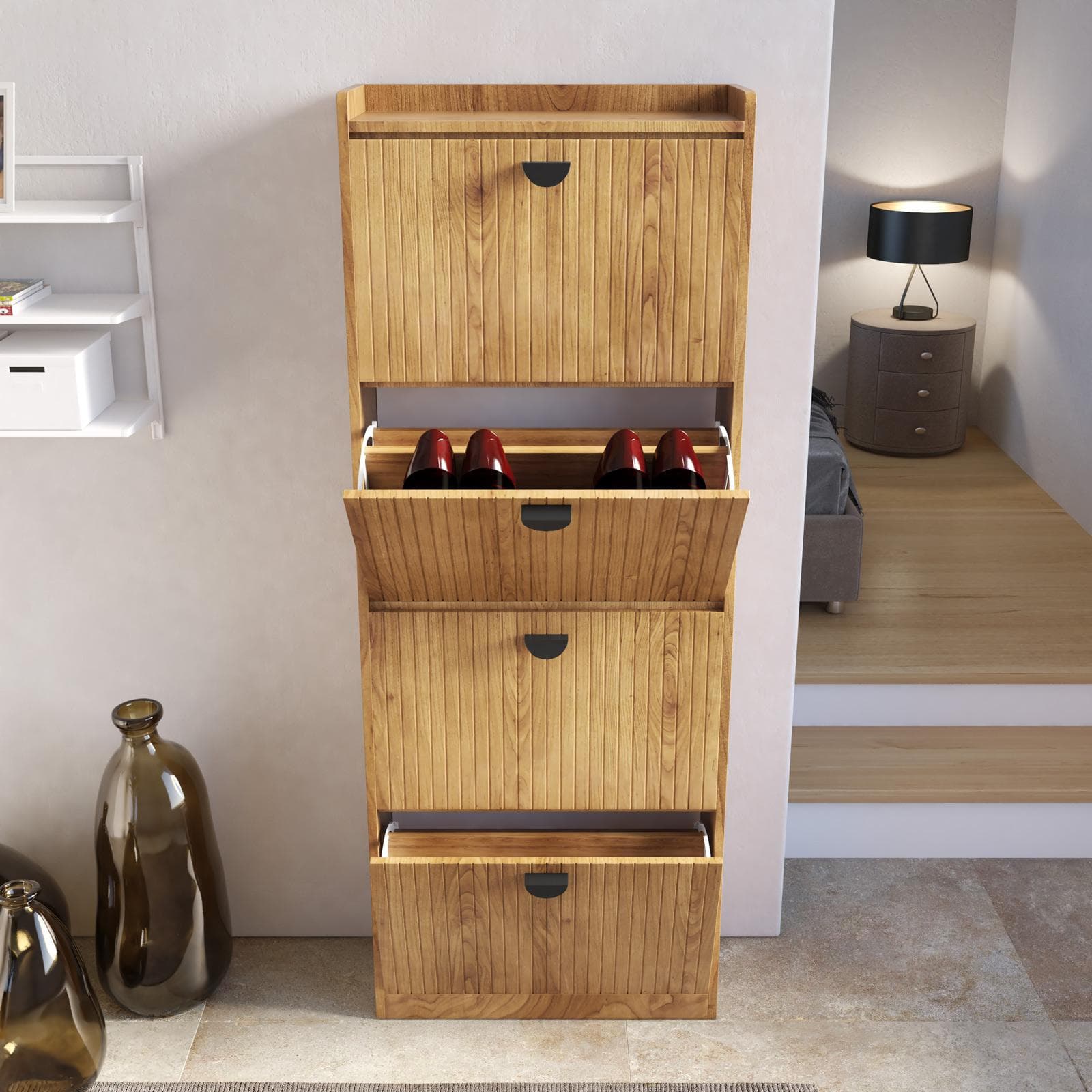 Scarpiera 60x157h cm con 4 ante a ribalta rovere chiaro e gambe nero - Ozma
