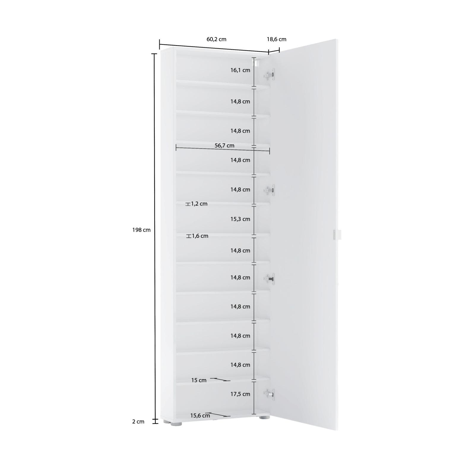Scarpiera 60x198h cm bianco lucido con 1 anta specchiata reversibile con soft close e 10 ripiani - Startis