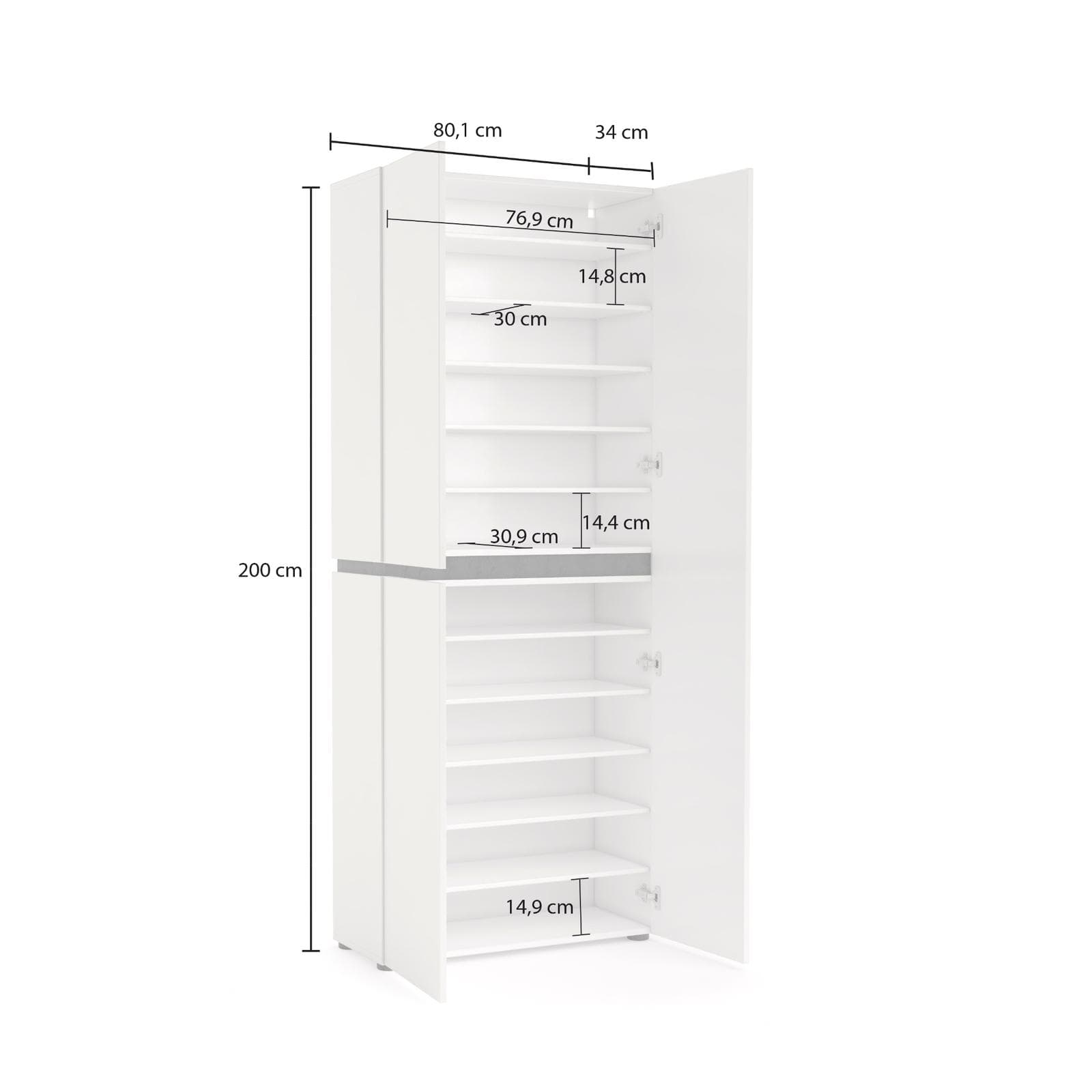 Scarpiera 80x200h cm bianco lucido e antracite con 3 ante soft close - Burke