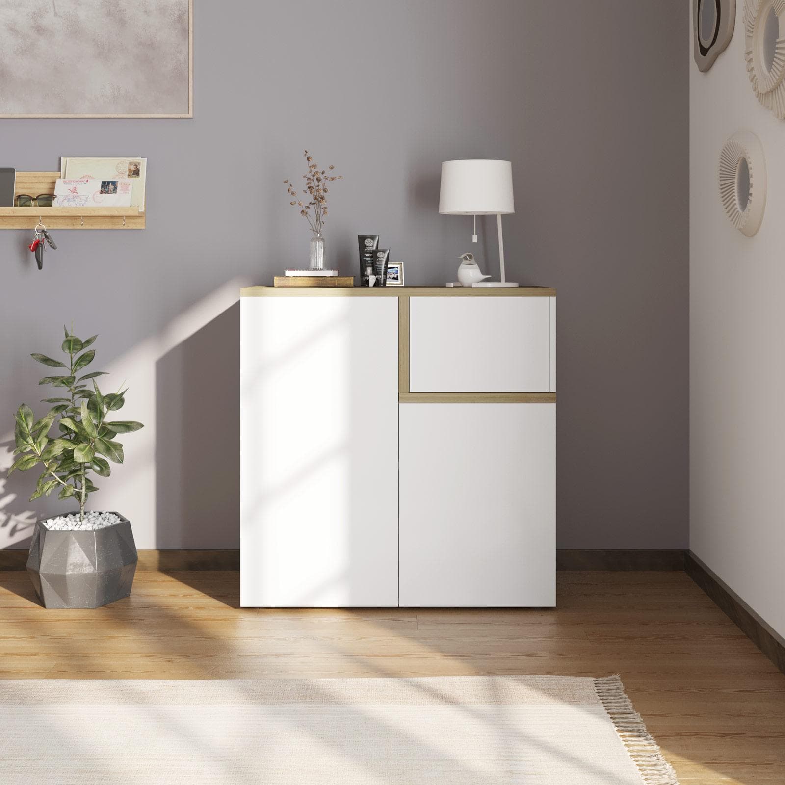 Scarpiera 80x82h cm con 2 ante e 1 anta a ribalta rovere e bianco - Cirill