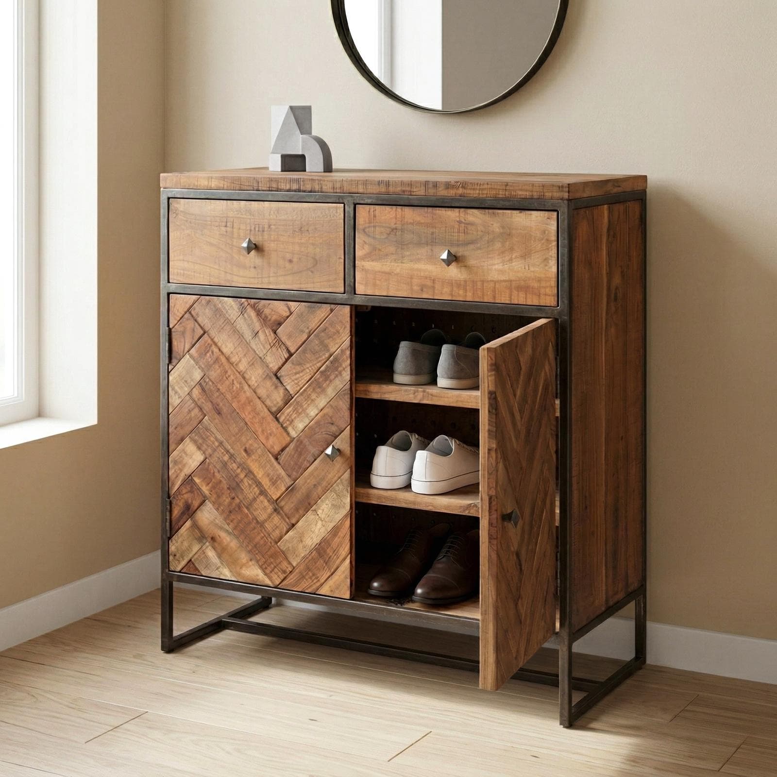 Scarpiera 90x100h cm con cassetti e ante in legno di acacia - Freia Acacia