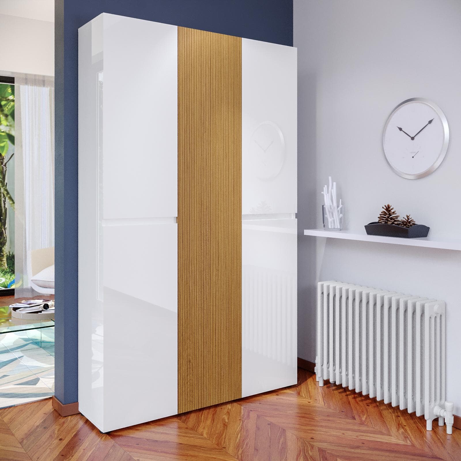 Scarpiera alta 120x200h cm rovere cannettato e bianco lucido con 5 ante soft close - Lindy