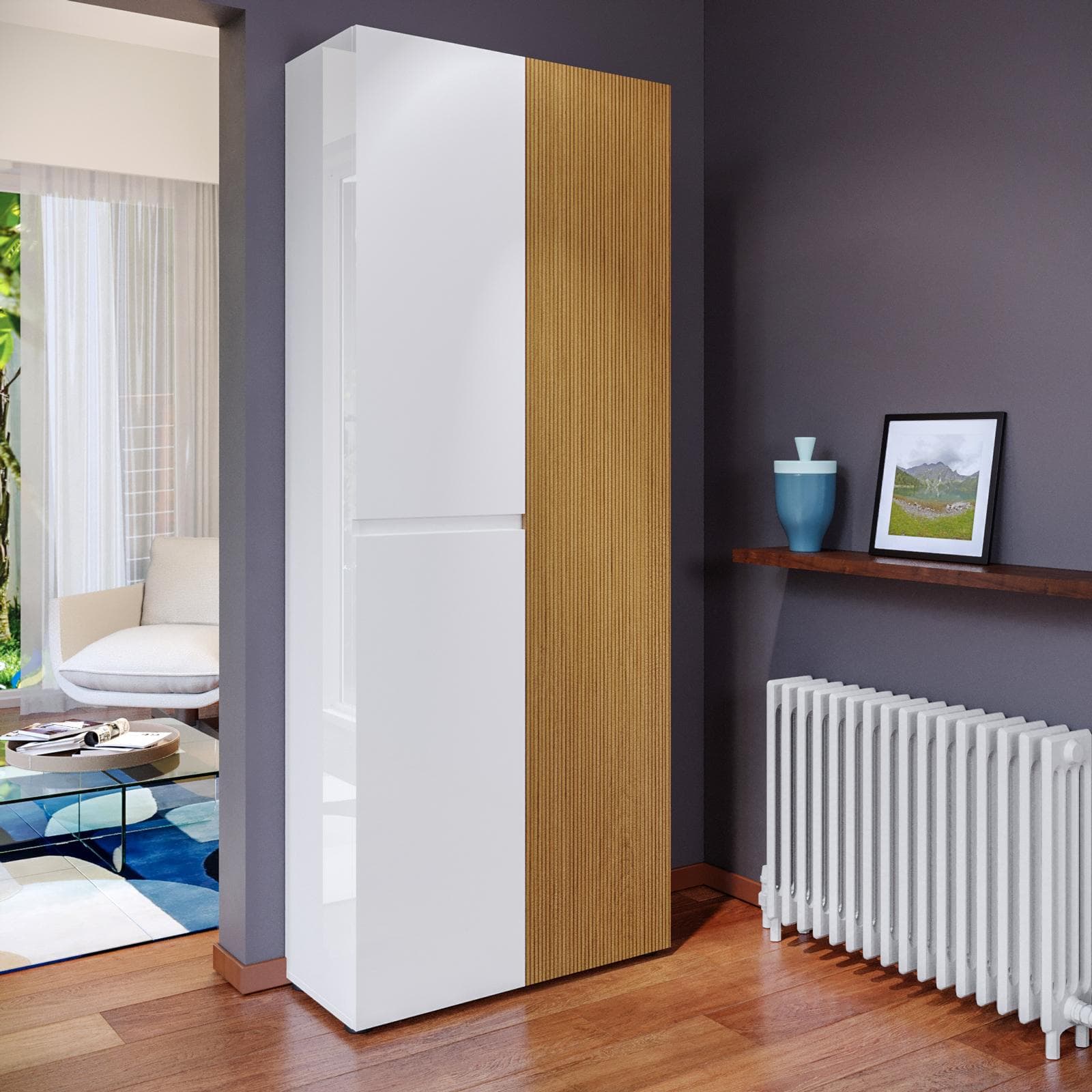 Scarpiera alta 80x200h cm rovere cannettato e bianco lucido con 3 ante soft close - Lindy