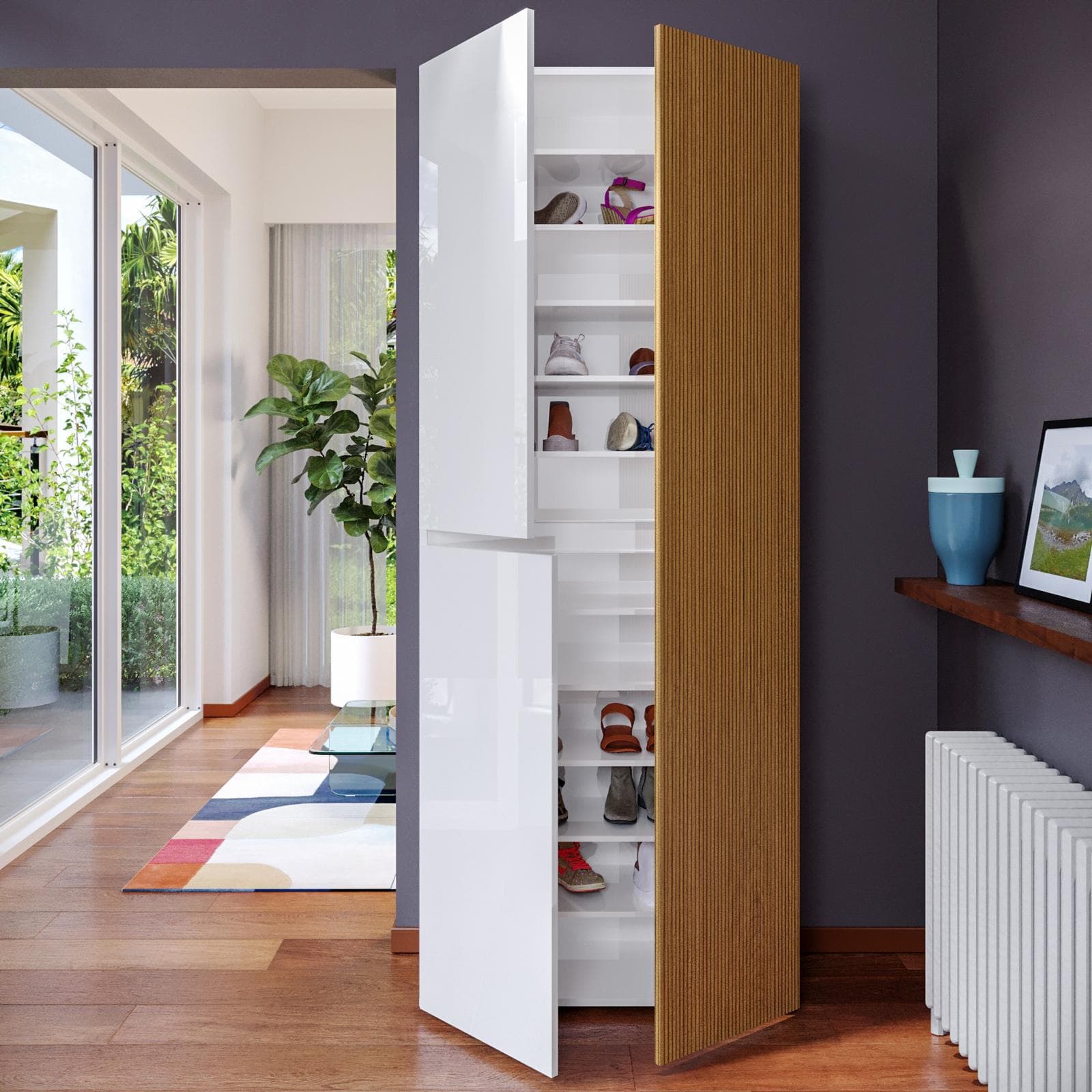 Scarpiera alta 80x200h cm rovere cannettato e bianco lucido con 3 ante soft close - Lindy