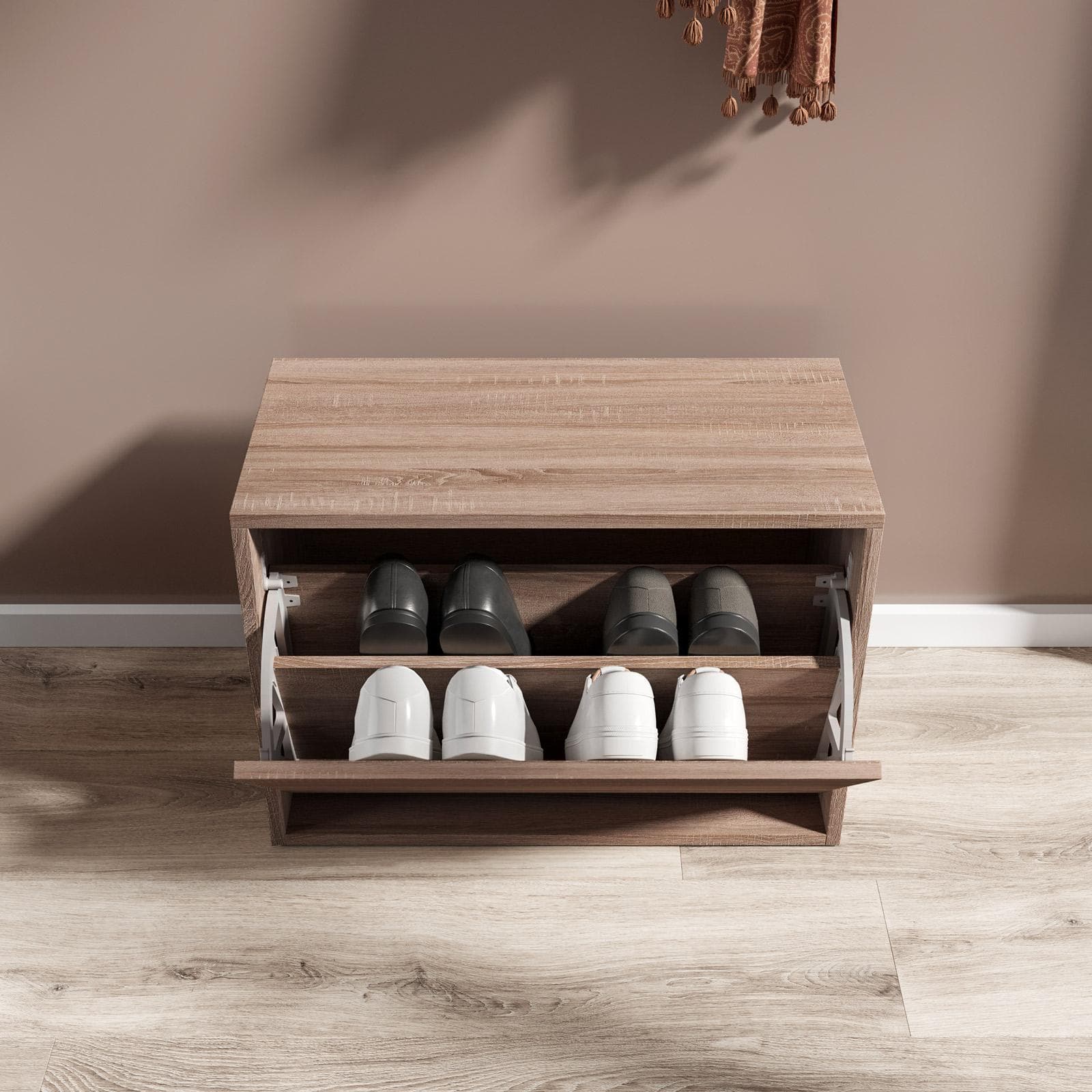 Scarpiera 60x42h cm in legno color rovere con un'anta a ribalta - Primado
