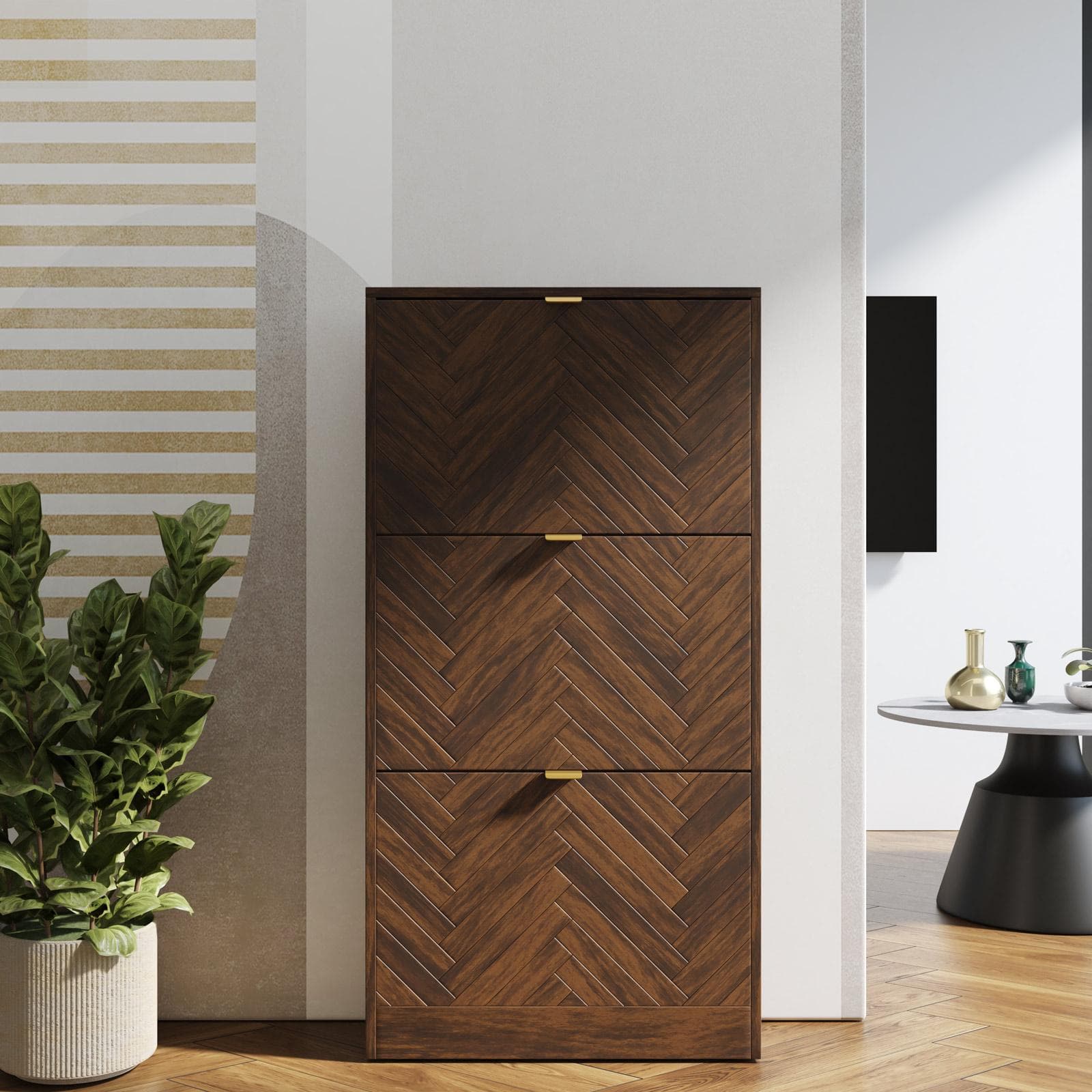 Scarpiera salvaspazio 60x117h cm in legno noce effetto parquet 3 ante a ribalta e maniglie oro bronzato - Mufasa