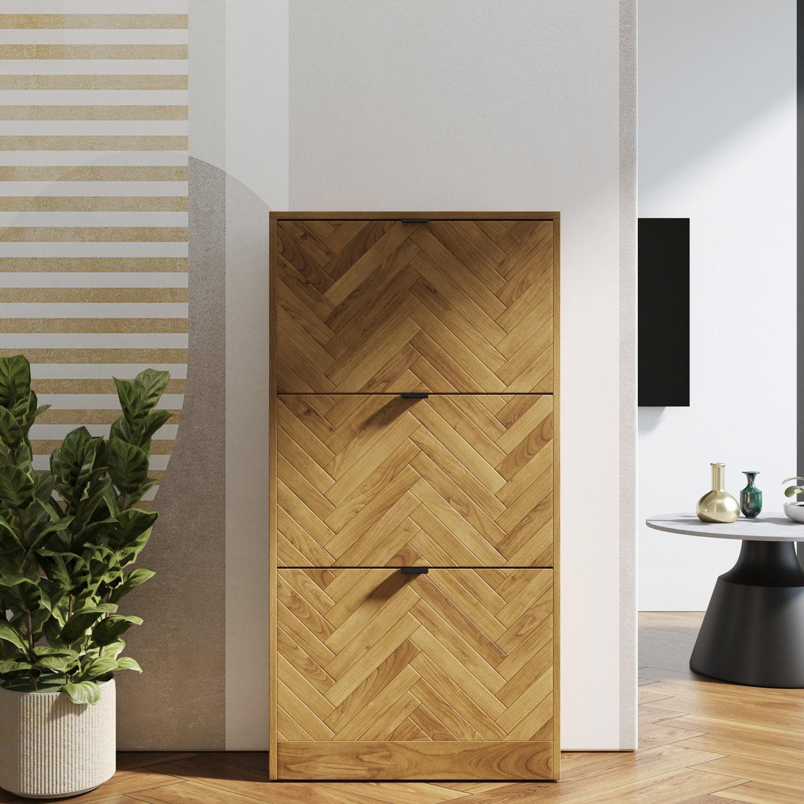 Scarpiera salvaspazio 60x117h cm in legno rovere chiaro effetto parquet con 3 ante a ribalta - Mufasa