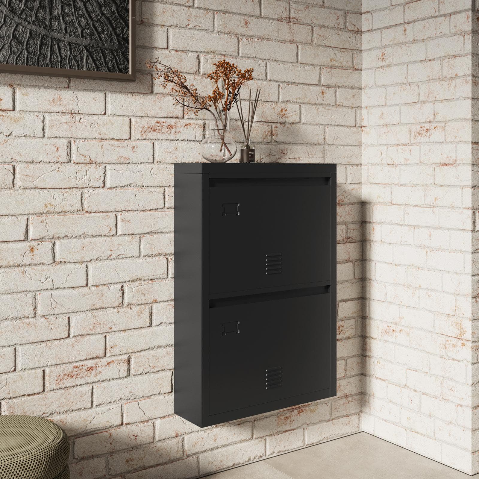 Scarpiera sospesa 50x73h cm in acciaio verniciato nero opaco con 2 ante a ribalta - Easton