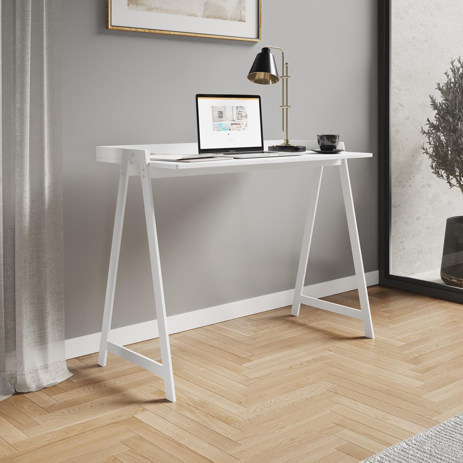 Scrivania 100x50 cm con top in legno e struttura in acciaio bianco - Noriza