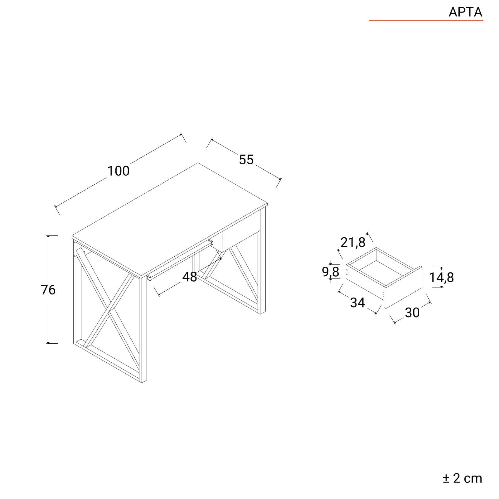 Scrivania 100x55 cm con top effetto frassino con cassetto e ripiano tastiera scorrevole - Apta